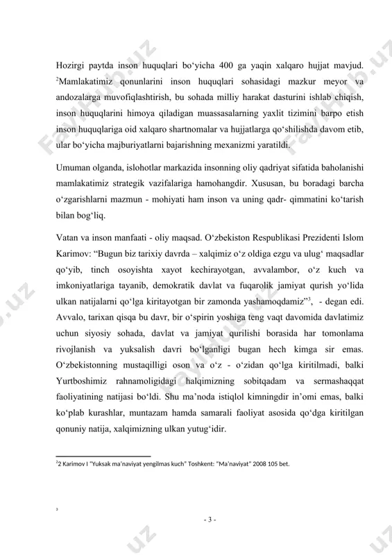 di. avvalo, tarixan qisqa bu davr, bir о‘spirin yoshiga teng vaqt davomida davlatimiz uchun siyosiy sohada, davlat va jamiyat qurilishi borasida har tomonlama rivojlanish va yuksalish davri bо‘lganligi bugan hech kimga sir emas. о‘zbekistonning mustaqilligi oson va о‘z - о‘zidan qо‘lga kiritilmadi, balki yurtboshimiz rahnamoligidagi halqimizning sobitqadam va sermashaqqat faoliyatining natijasi bо‘ldi. shu ma’noda istiqlol kimningdir in’omi emas, balki kо‘plab kurashlar, muntazam hamda samarali faoliyat asosida qо‘dga kiritilgan qonuniy natija, xalqimizning ulkan yutug‘idir. bugungi kunda xalqaro hamjamiyatning e’tirofiga kо‘ra, prezident islom karimov tomonidan asoslab berilgan jamiyat hayotini tubdan isloh qilish, jahonda moliyaviy – iqtisodiy inqiroz bо‘lib turganiga qaramay, iqtisodiy rivojlanish va ijtimoiy hayotni erkinlashtirish, jamiyatni demokratlashtirish va bosqichma - bosqich modernizatsiyalash modeli amalda о‘zini tо‘la oqlamoqda. mustaqillik – xalqimizning ulkan yutug‘idir. zero, mamlakatimizda millatlararo va dinlararo ziddiyatlarni oldini olish, ichki va tashqi buzg‘unchi kuchlarni bartaraf etish bо‘yicha amalga oshirilgan keskin choralar va ularnig ahamiyati vaqi о‘tibgina yanada qadrli bо‘lmoqda. mustaqillik …