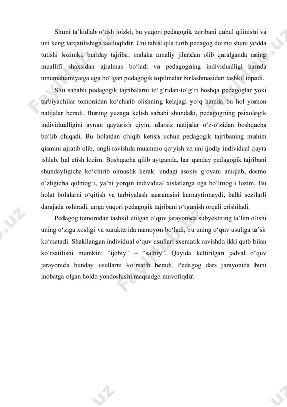 r tezlik tez, oson, qiyinchiliksiz. qat’iy, vaqt bo‘yicha mustahkam, osonlik bilan qayta o‘qiladi, moslashuvga ega sekin, qiyinchilik, zo‘riqish, og‘irlik bilan, yuzaki, birzumlik, tezda unutadi, qiyinchilik bilan qayta o‘qiydi. rigidlik, qotib qolish bilan xarakterlanadi. sidqidillik vijdonan, saranjomlik bilan, to‘liq va asoslangan sovuqqonlik, palapartish, o‘lda-jo‘lda, yuzaki motivatsiya sidqidillik, o‘z ixtiyori, o‘z tashabbusi bilan harakat qiladi. faol jon-jahdi bilan kirishib, bor kuchini jalb qiladi. zo‘rma-zo‘raki, majburan, bosim ostida, harakatsizlik, loqaydlik, dangasalik bilan, qiziqishsiz ish-harakatining yo‘naltirilishi mustaqil, ajralgan holda, birovga bog‘liq bo‘lmasdan. rejalangan, maqsadga yo‘nalgan. doimo qat’iyat bilan. mustaqil emas, taqlid qilib, maqsadsiz, rejasiz, pala-partish, onda-sonda, qat’iyatsiz. kognitiv tashkil etish tushunish bilan, anglangan, yo‘nalgan, natijalarni anglagan holda, ratsional, iqtisod qilgan holatda. tushunmasdan, shunchaki, xato usul bo‘yicha. tayyorlanmasdan, to‘satdan, ratsional bo‘lmagan holda, kam foydali. umumiy baho yaxshi yomon pedagogning o‘zini-o‘zi boshqarish muammosi bo‘lajak pedagoglarning oliy o‘quv yurtida olgan psixologik bilimlari ikki unchalik yoqimli bo‘lmagan xossaga ega. ular, birinchidan, pedagogga amaliyotda zarur bo‘lgan barcha bilimlarni o‘z …