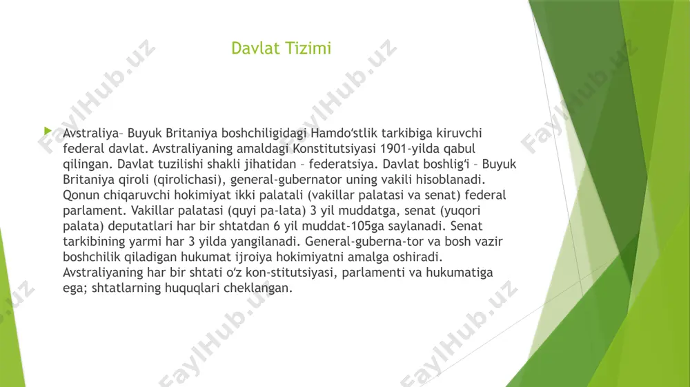 % ni beradi. uning aso-siy tarmoqlari: konchilik, metallurgiya, kimyo, mashinasozlik, oziq-ovqat, yengil sanoat. asosiy energetika resurslari – kumir va tabiiy gaz. issiklik elektr stansiyalari elektr energiyaning 80% ga yaqinini hosil qilib beradi. 1994–95 yil 155 mlrd. kvt-s elektr energiyasi hosil qilingan. eng katta temir ruda havzasi – gʻarbiy a.dagi pilbara koni, rangli metall rudalari, asosan broken-xill (yangi janubiy uels) va maunt-ayza (kvin-slend), boksitlar ueypa koni (kvin-slend) va gov (shimoliy hudud)dan qazib olinadi. 1994–95 yil ill mln. tonna temir rudasi, 202 mln. tonna toshkoʻmir, 32,9 mln. tonna neft, 20,7 mlrd. kub-metr tabiiy gaz, 256 t oltin qazib olingan. sanoatda mashinasozlik, metallurgiya, kimyo, neft kimyosi (oltin-gugurt kislo-tasi, mineral oʻgʻitlar) va neftni qayta ishlash tarmoqlari ustunlik qiladi. 1994–95 yil 6,2 mln. t poʻlat, 237 ming t mis, 211 ming t qalay, 1,2 mln. t alyu-miniy va 360 min-gga yaqin avtomobil ishlab chiqarilgan. oziq-ovqat sanoati koʻproq eksportga (goʻsht, un, qand-shakar, sariyogʻ-pishloq, pivo, vino) moslangan. …