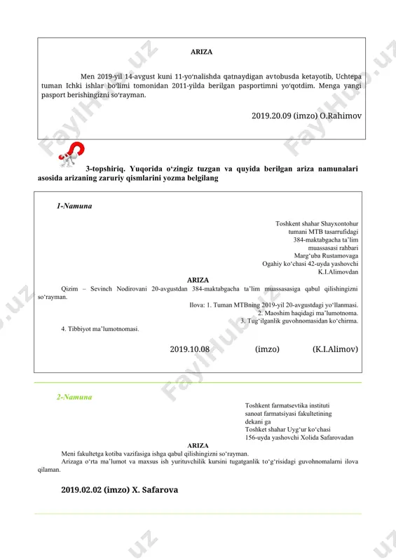 dan 384-maktabgacha ta’lim muassasasiga qabul qilishingizni so‘rayman. ilova: 1. tuman mtbning 2019-yil 20-avgustdagi yo‘llanmasi. 2. maoshim haqidagi ma’lumotnoma. 3. tug‘ilganlik guvohnomasidan ko‘chirma. 4. tibbiyot ma’lumotnomasi. 2019.10.08 (imzo) (k.i.alimov) 2-namuna toshkent farmatsevtika instituti sanoat farmatsiyasi fakultetining dekani ga toshket shahar uyg‘ur ko‘chasi 156-uyda yashovchi xolida safarovadan ariza meni fakultetga kotiba vazifasiga ishga qabul qilishingizni so‘rayman. arizaga o‘rta ma’lumot va maxsus ish yurituvchilik kursini tugatganlik to‘g‘risidagi guvohnomalarni ilova qilaman. 2019.02.02 (imzo) x. safarova image1.png image2.png image3.gif
