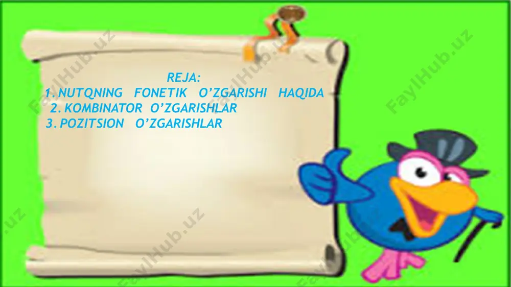 agi bunday jarayon metateza deyiladi: daryo - dayro, (r-y), yomg‘ir - yog‘mir (m-g‘), ahvol - avhol (v-h) tuproq - turpoq (p-r), aylanmoq - aynalmoq (n-m). 2-§. pozitsion o‘zgarishlar quyidagilar: proteza, epenteza, prakopa, anakopa, sinkopa, eliziya, reduktsiya. 1. proteza so‘z boshida bitta unlining orttirilishi proteza hodisasi deyiladi: stol - istol, stul - istul, stakan - istakan. 2. epenteza so‘z boshida, o‘rtasida va oxirida ikki undosh qator kelganda, ular orasida i, ba’zan u va a unlisi orttiriladi: fikr - fikir, hukm - hukum, umr-umur, doklad - dokalad, mashq - mashiq, bank-banka, tank-tanka. 3. prokopa bunda so‘z boshida ba’zan unli yoki undosh tovush tushib qoladi: yirik- irik-iri, yog‘och - ag‘ach. 4. sinkopa bu hodisa asosan o‘zlashma so‘zlar talaffuzi jarayonida yuzaga kelib, so‘z o‘rtasi va oxiridagi keng unlilar tor unlilar kabi talaffuz qilinadi hamda ayrim hollarda tushiriladi: traktor-traktir, direktor - direktir, doktor - duxtir. 5. anakopa so‘z o‘zagidagi oxirgi unli yoki undoshning tushish hodisasidir: …