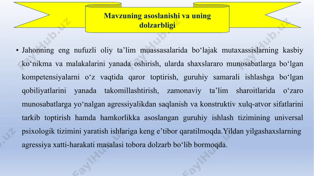 abalarda agressivlikni differensial namoyon bo‘lishiga ko‘ra hissiy kechinmalarni faoliyatda, ijtimoiylashuvda shaxs xususiyatlariga integrativ kuchayishi tufayli emotsional o‘zini-o‘zi nazorat qilish ustuvor omil ekanligi dalillangan; talabalar tajovuzkorligini faoliyatda namoyon bo‘lishiga ko‘ra jizzakilik, ta’sirchanlikning ijtimoiylashuv jarayonida xulq-atvorga intensiv proeksiyalanishi tufayli shaxs xususiyatlarining emotsional konstruktlari muhim omil ekanligi isbotlangan; talabalardagi agressivlikning shaxs xususiyatlariga bog‘liqligiga ko‘ra shaxslararo munosabatlarda asabiylik, o‘z-o‘ziga yo‘naltirilgan agressiya reaksiyalari, tortinchoqlikning faoliyat yo‘nalishiga bog‘liq ravishda differensiatsiyalashuvi tufayli negativizm, aybdorlik hissining ustuvor xarakterga ega ekanligi dalillangan; talabalarda agressivlik hissini rivojlanishi, shaxs xususiyatlaridagi emotsional komponentning muloqotda differensial reprezentatsiyalanishi ijtimoiylashuv bilan bog‘liq o‘zini nazorat qilishdagi psixologik to‘siqlarni kuchaytirganligi tufayli dushmanlik va agressiya indeksining integrativ shakllanishiga identiv ekanligi asoslangan. tadqiqot natijalarining ilmiy ahamiyati dissertatsiya bo‘yicha qo‘lga kiritilgan ilmiy natijalarining ilmiy ahamiyati shundaki, undagi ilmiy va amaliy xulosalar orqali kelgusida agressiya xulq-atvorni oldini olishning individual-psixologik xususiyatlarini o‘rganishda, talabalarning professor- o‘qituvchilar bilan hamjihatlikda ishlay olishida, boshqalar bilan o‘zaro shaxslararo munosabatlarni o‘rnatish sharoitida, namoyon bo‘luvchi agressiyalik hissini bartaraf etishga …