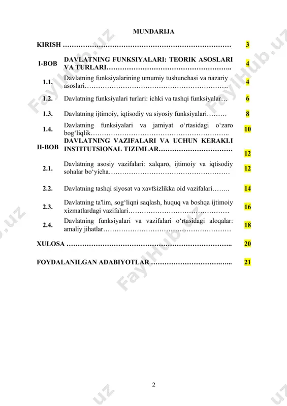 y sohalardagi faoliyatini o‘rganishdir. asar orqali davlatning jamiyatdagi o‘rni va uning vazifalarini tushunish, davlat organlari va fuqarolar o‘rtasidagi aloqalar, fuqarolarning huquq va erkinliklarini himoya qilishdagi rolini tahlil qilish maqsad qilinadi. davlatning asosiy vazifalari, funksiyalarining amalga oshirilishida yuzaga keladigan muammolar va ularni yechish yo‘llari o‘rganiladi. kurs ishining obyekti: kurs ishining obyekti sifatida davlatning asosiy funksiyalari va vazifalari olinadi, shu jumladan, davlatning ijtimoiy, siyosiy, iqtisodiy va xavfsizlik sohalaridagi roli va faolligi tahlil qilinadi. davlatning asosiy funksiyalari, jumladan ijtimoiy tartibni ta'minlash, iqtisodiy rivojlanishni boshqarish, huquqiy tartibni o‘rnatish, fuqarolarning huquqlarini himoya qilish va umumiy farovonlikni oshirish kabi vazifalar tahlil qilinadi. shuningdek, davlatning ushbu vazifalarni amalga oshirishda duch keladigan qiyinchiliklar va ularni bartaraf etish yo‘llari ham ko‘rib chiqiladi. i bob. davlatning funksiyalari: teorik asoslari va turlari 1.1. davlatning funksiyalarining umumiy tushunchasi va nazariy asoslari davlatning funksiyalari uning asosiy maqsadlariga erishish uchun amalga oshiradigan faoliyatlar majmuasini anglatadi. bu funksiyalar davlatning jamiyatda o'z o'rnini va ahamiyatini belgilovchi, …