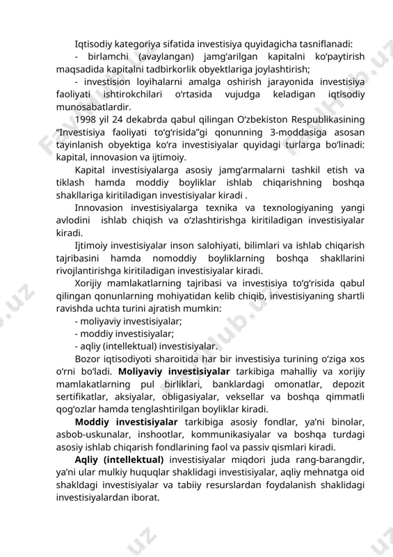 xarajatlar), samara (daromad, foyda) aniq va ravshan ko‘rsatib o‘tilgan. xuddi shu kabi yondashuv investision faoliyatning bozor munosabatlariga o‘tishi uchun zamin yaratadi, bu esa moliyaviy moddiy va aqliy boyliklarni qayta taqsimlashning vertikal va gorizontal usullaridan bir xilda foydalanishni ta’minlab beradi. iqtisodiy kategoriya sifatida investisiya quyidagicha tasniflanadi: - birlamchi (avaylangan) jamg‘arilgan kapitalni ko‘paytirish maqsadida kapitalni tadbirkorlik obyektlariga joylashtirish; - investision loyihalarni amalga oshirish jarayonida investisiya faoliyati ishtirokchilari o‘rtasida vujudga keladigan iqtisodiy munosabatlardir. 1998 yil 24 dekabrda qabul qilingan o‘zbekiston respublikasining “investisiya faoliyati to‘g‘risida”gi qonunning 3-moddasiga asosan tayinlanish obyektiga ko‘ra investisiyalar quyidagi turlarga bo‘linadi: kapital, innovasion va ijtimoiy. kapital investisiyalarga asosiy jamg‘armalarni tashkil etish va tiklash hamda moddiy boyliklar ishlab chiqarishning boshqa shakllariga kiritiladigan investisiyalar kiradi . innovasion investisiyalarga texnika va texnologiyaning yangi avlodini ishlab chiqish va o‘zlashtirishga kiritiladigan investisiyalar kiradi. ijtimoiy investisiyalar inson salohiyati, bilimlari va ishlab chiqarish tajribasini hamda nomoddiy boyliklarning boshqa shakllarini rivojlantirishga kiritiladigan investisiyalar kiradi. xorijiy mamlakatlarning tajribasi va …