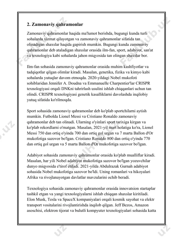 a bo'ladi. o'zbekistondagi milliy kutubxonalar va muzeylar ertak va xalq ijodiyotiga katta e'tibor qaratadi; masalan, alisher navoiy nomidagi o'zbekiston milliy kutubxonasi va o'zbekiston xalqlar dostligi muzeyi o'zida ko'plab yozma va og'zaki ertak ashulalarning yozuvlarini saqlaydi. ushbu saqlash xazinalari milliy madaniyatimizning muhim qismi sifatida keng o'rganiladi. 2015-yildan beri toshkent shahrida har yili xalq ertaklari festivali o'tkaziladi. ushbu festival davomida mahalliy va xalqaro adiblar, hikoyachilar va tadqiqotchilar o'z ishlarini taqdim etadilar. festival doirasida 50 dan ortiq mamlakatlar vakillari qatnashgan. ertak qahramonlari nafaqat madaniyatimizni targ'ib qiladi, balki bolalar tarbiyasida ham muhim o'rin tutadi. kengaytma bolalar asarlari maktablarda, darslarning bir qismi sifatida foydalaniladi. qahramonlar o'zlarining xarakterlari orqali zurriyotning axloqiy tamoillarini shakllantirishda ko'maklashadi. shunday qilib, yozma va og'zaki ertak qahramonlari o'zbek madaniy me'rosining ajralmas qismi hisoblanadi. ularning tarixiy ildizlari chuqur bo'lishiga qaramay, bugungi kunda ham milliy madaniyat va urf-odatlarimizni saqlashda va rivojlantirishda ularning ahamiyati juda katta. tarixiy asarlar va eski yozuvlar hamda zamonaviy talqindagi asarlar …