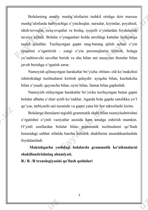 , stol tagida esa taburetka turibdi». stol ustidagi va tagidagi narsalar holatini albatta ko’rsatish zarur, shundagina bola narsalarga oid so’z birikmalarini oson o’zlashtirib oladi. maxsus grammatik mashqlarni suratlardan foydalangan holda amalga oshirish lozim. ularni sinchiklab ko’rib chiqqandan va savollarga bir so’zli javob berilganidan so’ng to’liq bilvosita qo’shimchani tuzish va aytib ko’rishga o’tish darkor, chunki, ularga fe’lga bog’liq so’zni rasmiylashtirish ancha qiyin kechadi. masalan, alisher barno bilan koptok o’ynayapti. qizcha choynagi bilan gullarni sug’ormokda. bitta surat syujeti asosida savollar berish va bolaning unga javob qaytarishi savol-javob tusidagi qiziqarli mashg’ulotlardan biri hisoblanadi. masalan, «bola qo’lini yuvmoqda» surati asosida qator savollar berish mumkin: «xurshid, timur, alisher nima qilishayapti?», «alisher nimani yuvmoqda?», «biz qo’limizni nima bilan yuvamiz?», «kimning qo’li toza?» va x.k. bola hayotining to’rtinchi yilida unga bir tarkibli gaplar tuzishni o’rgatish, shuningdek uning nutqiga umumlashtiruvchi tushunchalarni kiritishga katta e’tibor beriladi. mashg’ulotlarda suratlar asosida, tayanch so’zlar yordamida, namoyish etilayotgan harakatlar asosida, gapning yetishmayotgan qismlarini …