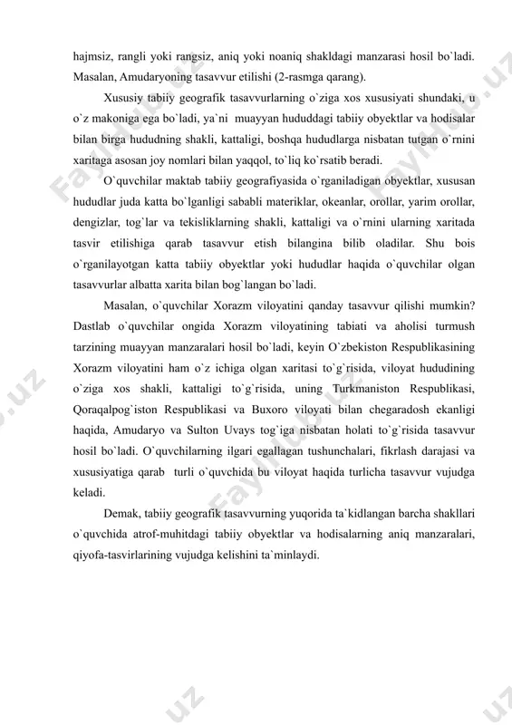 iiy obyektlar va hodisalarning aniq manzaralari, qiyofa-tasvirlarining vujudga kelishini ta`minlaydi. foydalanilgan adabiyotlar: 1. yermakov y.g. i dr. fizicheskaya geografiya materikov i okeanov. m: vqsshaya shkola, 1988. 2. ryabchikov a.m. fizicheskaya geografiya materikov i okeanov. m: vqsshaya shkola, 1988. 3. fizicheskaya geografiya mirovogo okeana. m: izdatelpstvo moskovskogo universiteta, 1988. 4. ryabchikov a.m. dunyo qitoalari tabiiy geografiyasi, toshkent, 1968. 5. vlasova t.m. fizicheskaya geografiya materikov i okeanov. tom i-ii, m: prosveo‘yeniye, 1976. 6. vlasova t.m. materiklar va okeanlar tabiiy geografiyasi. i-ii tom.toshkent, 1985. 7. leontpev o.k. fizicheskaya geografiya mirovogo okeana. m: 1982. ensiklopeditseskiy slovarp geograficheskix terminov. m.1968. 8. http://ziyonet.uz