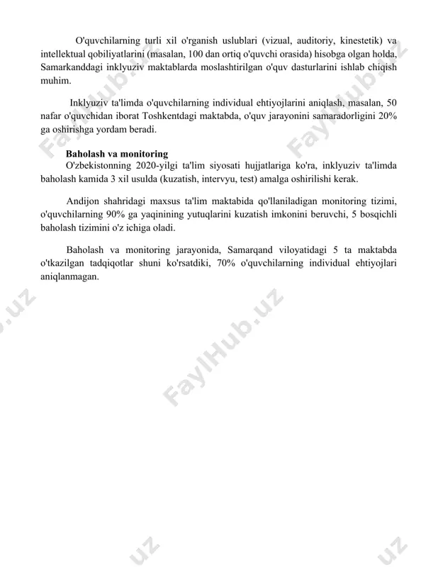 shga e'tibor qaratishi kerak. 2023-yilda toshkent shahrida o'tkazilgan tadqiqotlar shuni ko'rsatdiki, 50% o'qituvchilar inklyuziv ta'lim metodlari bo'yicha qo'shimcha 30 soatlik malaka oshirish kurslariga ehtiyoj sezadi. inklyuziv ta'limda o'quvchilar ehtiyojlarini aniqlashning ahamiyati o'quvchilar ehtiyojlarini aniqlash, masalan, 15 nafar nogiron o'quvchiga ega bo'lgan farg'ona viloyatidagi maktabda, tegishli qo'llab-quvvatlash xizmatlarini (logoped, psixolog) ta'minlash va ularning muvaffaqiyatini ta'minlash uchun zarur. o'quvchilarning turli xil o'rganish uslublari (vizual, auditoriy, kinestetik) va intellektual qobiliyatlarini (masalan, 100 dan ortiq o'quvchi orasida) hisobga olgan holda, samarkanddagi inklyuziv maktablarda moslashtirilgan o'quv dasturlarini ishlab chiqish muhim. inklyuziv ta'limda o'quvchilarning individual ehtiyojlarini aniqlash, masalan, 50 nafar o'quvchidan iborat toshkentdagi maktabda, o'quv jarayonini samaradorligini 20% ga oshirishga yordam beradi. baholash va monitoring o'zbekistonning 2020-yilgi ta'lim siyosati hujjatlariga ko'ra, inklyuziv ta'limda baholash kamida 3 xil usulda (kuzatish, intervyu, test) amalga oshirilishi kerak. andijon shahridagi maxsus ta'lim maktabida qo'llaniladigan monitoring tizimi, o'quvchilarning 90% ga yaqinining yutuqlarini kuzatish imkonini beruvchi, 5 bosqichli baholash tizimini o'z ichiga …