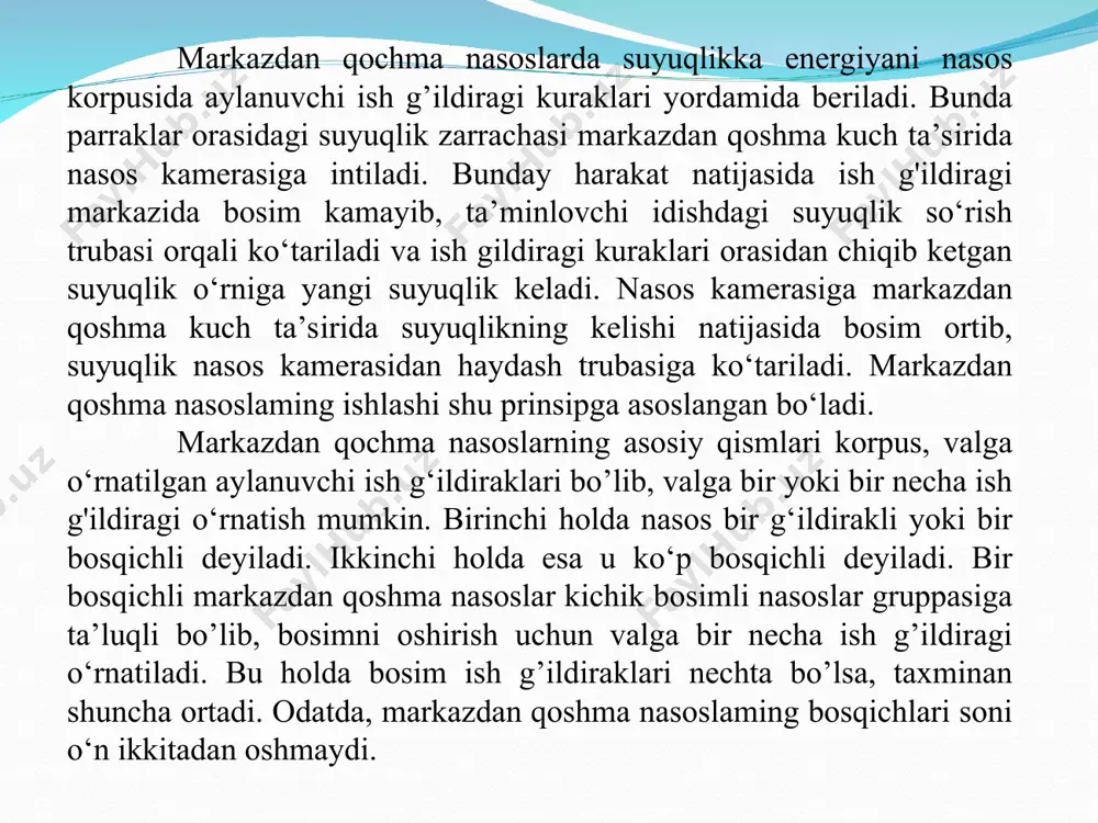 dir. buning uchun turli sharoitda nasosning qanday ishlashi to‘g‘risida ma’lumot bo’lishi kerak. bunday ma’lumot nasoslaring harakteristikalari ko‘rinishida beriladi. bosim, quvvat va foydali ish koeffisientining sarfga bog‘liqlik grafiklari nasosning xarakteristikalari deb ataladi: markazdan qochma nasosning ishchi xarakteristikasi nasoslardagi kavitatsiya hodisasi va ularning joiz so‘rish balandligi kavitatsiya deb, suyuqlik oqimi biror nuqtasida bosimning keskinlik (kritik) miqdorigacha ya’ni uning to‘yingan bug‘lari (elastik) bosimi darajasiga pasayishi natijasida oqimning uzluksizlik xususiyati buzilishiga aytiladi. bu jarayon suyuqliqda gazlar va bug‘lar bilan to‘lgan kavitatsion pufakchalar hosil bo‘lishga sabab bo‘ladi. kavitatsiyaning rivojlanishi nasoslarning q, h, n va η kabi ko‘rsatkichlarni pasayishga olib keladi, ularda shovqin, har-xil ovozlar va qaltirash vujudga keladi. kavitatsiya hodisasi nasoslarning ish tartibini buzishga va uning ishchi detallarini yemirilishiga sabab bo‘lgani uchun quyidagi yo‘nalishlar bo‘yicha unga qarshi kurash choralari olib boriladi: a) konstruktiv tadbirlar, ya’ni detallari oqimning silliq harakatini ta’minlaydigan, tuzilishi mukammal nasoslar ishlab chiqarish; b) texnologik tadbirlar o‘z navbatida 2 xil yo‘nalishda amalga oshirilishi …