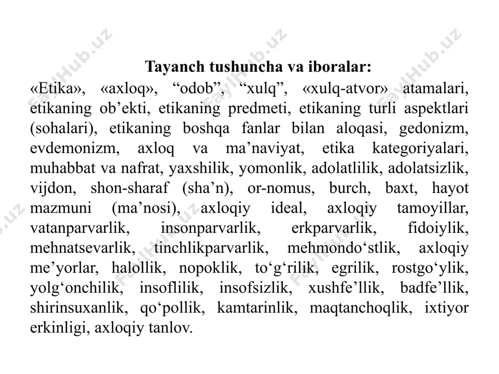 ing turli sohalari bilan o‘zaro aloqalarini tadqiq etadi (axloq va iqtisod, axloq va siyosat, axloq va fan, axloq va din, axloq va madaniyat, axloq va san’at va h.k.). etika fani aspektlari (sohalari)ni hosil qiladi: etika fani aspektlari (sohalari)ni hosil qiladi: professional etika – axloqning turli kasblar doirasida o‘ziga xos amal qilish xususiyatlari, normalarini o‘rganadi (pedagogik etika, aktyor etikasi, vrach etikasi, harbiy etika va h.k.). normativ etika – jamiyatda va kishilar o‘zaro faoliyatlarida amalda bo‘lgan axloq normalari va me’yorlarini o‘rganadi. deontologiya (yunoncha deon – burchlilik, zaruriylik, logos – fan, ta’limot) – etikaning burch va burchlilik, axloqiy zaruriylik masalalarini o‘rganuvchi sohasi. deskriptiv etika – muayyan jamiyat axloqini konkret-sotsiologik va tarixiy tahlil qiluvchi etika sohasi. axloqiy tarbiya nazariyasi – insonni axloqiy tarbiyalash qonunlari, prinsiplari, metodlari va vositalarini o‘rganadi. gedonizm va evdemonizm gedonizm (yunon. hendone — lazzatlanish) — qadimgi davr falsafiy tushunchalaridan biri sifatida ko‘ngilocharlik, huzurlanish ma’nolarini beradi. qadimgi davr axloqshunosligida gedonizm (huzurbaxshlik ta’limoti) …