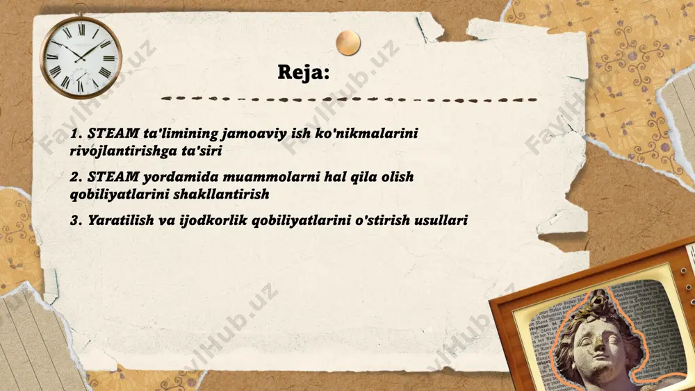 muhitda o'quvchilar o'z bilimlarini amalda qo'llash orqali ijtimoiy va texnologik muammolarga innovatsion yechimlar topishga qodir bo'ladilar. ... t.me/slaydai_bot yaratilish va ijodkorlik qobiliyatlarini oshirish uchun quyidagi usullar samarali hisoblanadi: birinchidan, ѐngicha yondashuv talab qiluvchi treninglar va mashg‘ulotlar orqali miya faoliyatini rag‘batlantirish mumkin. ikkinchidan, "6-3-5" texnikasini qo‘llash tavsiya etiladi; bunda 6 kishi 5 minut ichida har biri 3 ta g‘oya yozadi. uchinchi yo‘l – "mind mapping" texnikasi bo‘lib, u fikrlarni tizimlashtirish va yangi bog‘lanishlar o‘rnatishga yordam beradi. statistikaga ko‘ra, ijodiy mashqlar bilan shug‘ullanuvchilar orasida yangi g‘oya ishlab chiqish tezligi 20-40% ga oshadi. shuningdek, turli madaniy tadbirlar va san’atga yaqin bo‘lish, ijodiy fikrlashga ijobiy ta'sir ko‘rsatadi. kundalik ravishda kundalik yuritish va turfa janrlarda kitoblar o‘qish ham ijodkorlikni oshirishga xizmat qiladi. ... t.me/slaydai_bot texnologiya va innovatsion g'oyalarni tatbiq etishning na'munalari juda ko'p. masalan, 2020-yilda tesla kompaniyasi elektr avtomobillarini ommaviy ishlab chiqarishni davom ettirib, jahon bozorida 500 mingdan ortiq avtomobil sotdi. shu bilan birga, 3d-printing …