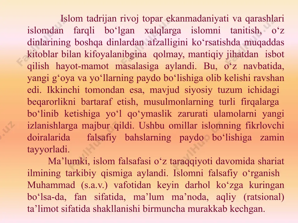 , mantiq, falsafa, kalom kabi fanlardan foydalanish qat’iy ravishda taqiqlangan. shu ta’qiqlardan kelib chiqib, kalom ilmini tanqid qilgan mashhur shaxslarning so‘zlaridan iqtiboslar keltiramiz: abu hanifa (imom a’zam): «amr ibn ubaydni xudo ursin, -kalom ilmiga o‘sha eshik ochib berdi.» abu hanifaning bosh shogirdi abu yusuf: «falsafa ilmini o‘rganish, bilish-jaholat. uni bilmaslik ilm». molik ibn anas: «johillardan uzoq yuringiz. ular kim desangiz, ular allohning zoti va sifatlari haqida sukut saqlash o‘rniga o‘tmishda ajdodlarimiz aytmagan gaplarni gapiradiganlardir». imom shofiiy: «oxiratda allohning huzuriga shirkdan va falsafa ilmidan boshqa har qanday gunohlarim bilan borganim yaxshiroqdir». ahmad ibn hanbal: «falsafa ilmi bilan shug‘ullanuvchi odam hech qachon iqbolli bo‘lmas». falsafa ilmiga nisbatan ijobiy munosabatning shakllanishi. islom dini dunyoning ko‘p mamlakat va xalqlariga tarqalishi va islom mafkurasining turli noislomiy mafkuralar bilan to‘qnashuvi natijasida ularga raddiya berish muammolari kelib chiqqan. islom aqidalari va ahkomlarini ularga tushuntirish va asoslab berish uchun esa, oyat va hadislarning o‘zi kifoya qilmas edi. zero …