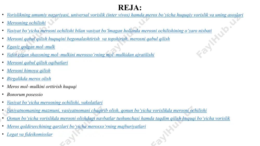 y mulkning taqdirini vafot etganidan so’ng, hal qiluvchi farmoyishni o’zi tirikligida (dastlabki paytda og’zaki, keyinchalik esa yozma asosda) odat normalariga va qonunlarda belgilangan tartibda rasmiylashtirganlar vorislik huquqi tushunchasi va turlari vorislik munosabatlari dastlab xii jadval qonunlarida ko’rsatilib, bu qonunlarga asosan, vorislik munosabatlari 2 qismga bo’lingan: 1) qonun bo’yicha vorislik (successio legitima); 2) vasiyat bo’yicha vorislik (successio testamentaria). rim quldorlik davlatidan oldin vujudga kelgan vorislik huquqini qabul qilish munosabatlari vasiyatnomasiz amalga oshirilgan bo’lsa, bu munosabatlar qonun bo’yicha vorislik deb atalib, uning huquqiy rejimi qonun bo’yicha vorislik asosida hamda ko’proq xii jadval qonunlari bilan tartibga solingan xii jadval qonunlariga asosan, meros qoldiruvchi shaxs vafot etishidan oldin vasiyatnoma qoldirmagan bo’lsa, uning birinchi meros oluvchisi agnatlar bo’lib, uning katta o’g’li hisoblangan. barcha mulk meros massasi aka-ukalarga, opa-singillarga, o’limidan keyin tug’ilgan farzandiga, umuman agnatlar oilasiga o’tkazilgan vorislik huquqi tushunchasi va turlari qadimgi rim huquqiy munosabatlarida vorislik huquqi o’z xarakterli xususiyatlariga ega bo’lgan: 1) merosni qabul …
