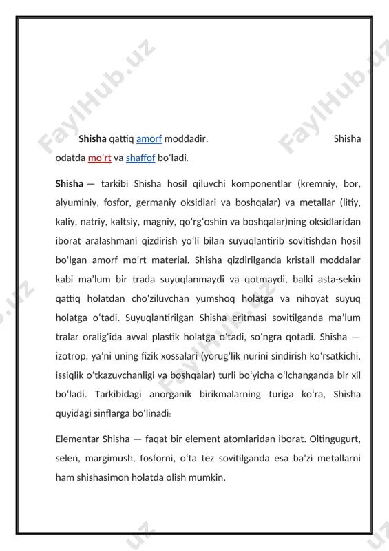 , suriya, finikiya, xitoyda rivojlangan. bu davrdagi shishasozlik maktablarining ish tajribalari yozilgan asar va kitoblarning eng qadimgisi mil. av. 2 ming yillarga oid boʻlib, ular qadimiy mesopotamiyat topilgan. aynan shu mamlakatda loyga mixxatlar yordamida yozib qoldirilgan mil. av. 7-asrga taalluqli jadvallarda eng qadimgi rangli shishalar tarkibi va tayyorlash usullari bayon etilgan. arxeologik izlanishlar qadimgi sunʼiy shisha buyumlar mil. av. 4-ming yillik oʻrtalariga mansubligini, ular ilk bor misr yodgorliklarida, keyinroq mesopotamiyada uchrashini koʻrsatadi. mil. av. 3-ming yillik oʻrtalariga mansub shisha mahsulotlar koʻpgina mamlakatlar yodgorliklarida topilgan. qadimgi dunyo sanʼatida shisha mahsulotlar (guldon, munchoq, isirgʻa, tamga va boshqalar), asosan, sopol qoliplar yordamida tayyorlangan, lekin ular boʻgʻiq (noshaffof), yashil, zangori, feruza rangli boʻlgan. 6-asrdan badiiy shishachilik markazi sifatida vizantiya shuhrat qozondi, gʻarbiy yevropada gotika davrida vitraj sanʼati yuksak darajaga koʻtarildi. musulmon sharqida 12—14-asrlarda suriya shishasi mashhur boʻldi. 15—16-asrlarda venetsiya shishasi, 17-asrda chexiya shishasi dongtaratdi. 1770-yillardan (dastlab angliyada) billursimon shisha ishlandi. 18-asrdan sunʼiy qimmatbaho toshlar …