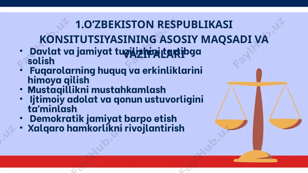 lata (senat) va pastki palata (qonunchilik palatasi). hukumat: ijro etuvchi hokimiyatni amalga oshiruvchi organ – vazirlar mahkamasi. sud hokimiyati: sud tizimi, sudlarning mustaqilligi va adolatni ta'minlashdagi roli. boshqa davlat organlari: davlat va xususiy sektorda ishlaydigan boshqa organlarning vazifalari. jahon hamjamiyatidagi o’rni o‘zbekiston respublikasi konstitutsiyasining jahon hamjamiyatidagi o‘rni mamlakatning xalqaro huquqdagi mavqei, uning demokratik tizimni mustahkamlashga va inson huquqlarini ta’minlashga bo‘lgan sadoqati bilan bog‘liqdir. o‘zbekiston konstitutsiyasi, milliy va xalqaro huquqni uyg‘unlashtirish orqali jahon hamjamiyatida o‘zining munosib o‘rnini topishga harakat qilmoqda. quyida, o‘zbekiston respublikasi konstitutsiyasining jahon hamjamiyatidagi o‘rnini yoritish uchun bir nechta muhim jihatlarni ko‘rib chiqamiz inson huquqlari va erkinliklari xalqaro hamkorlik va suverenitet demokratik va huquqiy davlat tamoyillari jahon iqtisodiyotiga integratsiya ekologik xavfsizlik va iqlim o‘zgarishiga qarshi kurash xulosa xulosa qilib aytganda, oʻzbekiston respublikasi konstitutsiyasi mustaqillik, inson huquqlari, demokratiya va milliy qadriyatlarni birlashtirgan universal huquqiy hujjat hisoblanadi. u mamlakatni har tomonlama rivojlantirishga qaratilgan asosiy yoʻnalishlarni belgilab beradi. image1.png image2.svg image3.png image4.svg …