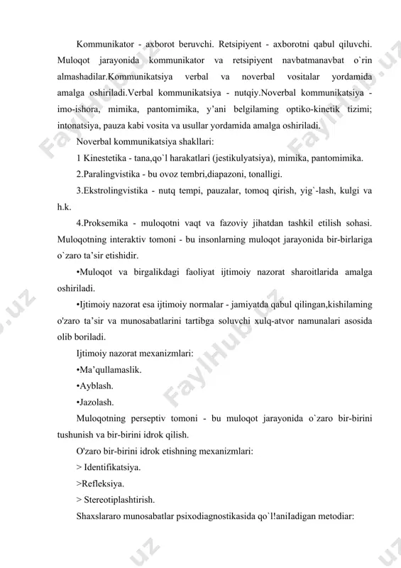 sidagi simpatiya va antipatiyani aniqlash; guruhdagi norasmiy liderlar va yakkalanib qolganlami aniqlash. guruh a’zolarining o `zaro munosabatlaridagi mavqeini (statuslari)ni aniqlash. “sindikat” metodi “sindikat” (yunoncha “birgalikda harakat qilish”, “maslakdoshlarim”) metodi talabalarda mavzuni ijodiy o`rganish, nazariy bilimlarni umumlashtirish, tizimlash asosida fikmi qisqa va aniq bayon qilish qobiliyatini tarbiyalashga xizmat qiladi. har bir guruh yagona topshiriqni 3 xil variantda hal etishi lozim. masalan, o`rganilayotgan mavzu mohiyatini 1-guruh sxema, 2- guruh klaster, 3-guruh esa jadval tarzida ochib berishi kerak. guruhiar topshiriqni bajarib boiishgach, ular tomonidan taqdim etilgan yechimiar jamoa tomonidan muhokama qilinadi. “oila rasmi” strukturasini taxlil qilish va chizilgan hamda real oila tarkibini taqqoslash odatda, oilada ijobiy emotsiyalarni his qiluvchi bola oilani to’laligicha aks ettiradi. tadqiqotlarda ko’rsatilishicha, 6-8 yoshli, normal intellektga ega bo’lgan bolalarning 85 %(oilasi bilan yashovchi) rasmda oila a’zolarining to’liq rasmini chizadi. agar oila a’zolaridan birortasi tushib qolgan bo’lsa, bunga alohida e’tibor berilishi talab qilinadi. chunki u emotsional ziddiyat, oiladagi mavjud vaziyatdan …