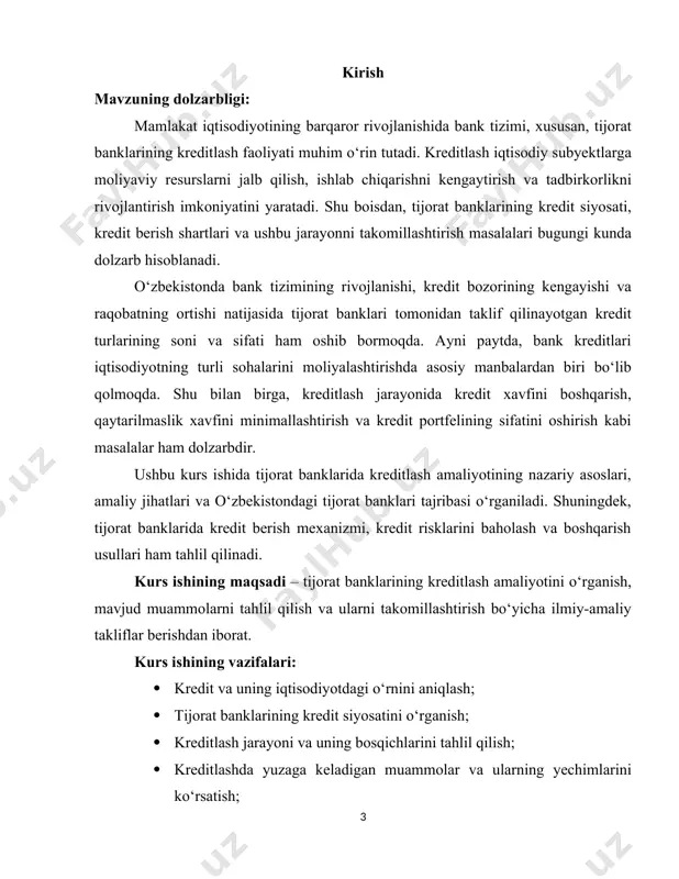 ar tayyorlanadi, rahbar shaxslar, zarur hujjatlar tayyorlaydi, tegishli tekshiruvdan o‘tkaziladi va hokazolar. tijorat banklarini tashkil etish va tugatishning huquqiy asoslari "banklar va bank faoliyati to‘g‘risida"gi qonunda ifodalangan. banklar respublika hududida o‘z faoliyatlarini markaziy bank tomonidan beriladigan litsenziya asosida amalga oshiradilar. banklarga litsenziya berish o‘zbekiston respublikasining "banklar va bank faoliyati to‘g‘risida", "o‘zbekiston respublikasi markaziy banki to‘g‘risida", "aksionerlik jamiyatlari va aksiyadorlar xuquqini himoya qilish to‘g‘risida"gi qonunlar va boshqa qonunlari, hamda bankka me’yoriy hujjatlarda belgilangan talablar asosida amalga oshiriladi.[footnoteref:1] [1: https://api.ziyonet.uz] tijorat banklarining jalb qilingan mablag‘lar doirasida kredit resurslarni tashkil qilish va ishlash tamoyili bank faoliyatining poydevori hisoblanib, uning depozit va omonatlar jalb qilishga bo‘lgan qiziqishlarini oshiradi, passivlarni jalb qilish bo‘yicha raqobat muhitining yuzaga kelishiga asos bo‘ladi. undan tashqari chetdan jalb qilingan va qo‘yilgan mablag‘lar mutanosibligi banklarda depozitlarni jalb etishga qiziqishni kuchaytiradi va bu mablag‘lardan unumli foydalanishga asos yaratadi. tijorat bankning ikkinchi va asosiy tamoyillaridan biri bu haqiqatda mavjud bo‘lgan mablag‘lar chegarasida xizmat …