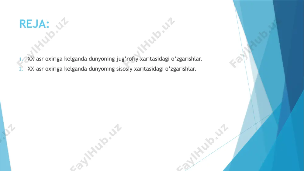 an xalq yana birlashgan. xx-asr oxiriga kelganda dunyoning jug’rofiy xaritasidagi o’zgarishlar. yugoslaviya xuddi chexoslovakiya kabi avstriya-vengriya imperiyasi qoldiqlariga asoslanib, turli mamlakatlar, asosan vengriya va serbiyaning muayyan qismlarini birlashtirish yo‘li orqali hosil bo‘lgan. umuman olganda, yugoslaviya turli madaniyat va an'analarga ega 20dan ziyod etnik guruh «qaynayotgan katta qozon» bo‘lgan. yugoslaviya qirolligi ulug‘ vatan urushi vaqtida germaniya tomonidan ishg‘ol qilingan. u tugatilgandan keyin partizan otryadlar yetakchisi iosip tito sotsialistik yugoslaviyani tuzgan va uning diktatoriga aylangan. 1992 yilda sotsialistik yugoslaviya xorvatiya, bosniya, sloveniya, serbiya, makedoniya va chernogoriyaga ajratilgan. xx-asr oxiriga kelganda dunyoning sisosiy xaritasidagi o’zgarishlar. 1991 yilda sssrning parchalanishini dunyoning siyosiy xaritasida sifat jihatidan yangi o'zgarishlarga bog'lash mumkin, bu davr butun jahon hamjamiyatining ijtimoiy-iqtisodiy va ijtimoiy-siyosiy hayotiga katta ta'sir ko'rsatdi. keyinchalik sobiq ittifoq respublikalarining aksariyati (uchta shtatdan tashqari) mustaqil davlatlar hamdo'stligi tarkibiga kirdi (). mamlakatlarda qayta qurish jarayonlari sharqiy evropadan asosan tinch ("baxmal") 1989-90 yillardagi xalq demokratik inqiloblarini amalga oshirishga olib keldi. bu …