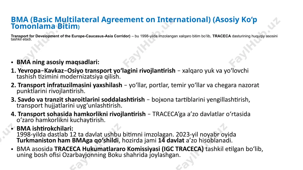kaspiy dengizi orqali yuklar ozarbayjon (alat porti)dan turkmaniston (turkmanboshi porti) yoki qozog‘iston (aktau/kuryk portlari) ga o‘tadi. shu tariqa markaziy osiyo davlatlari orqali yuklar xitoy va afg‘oniston chegaralarigacha yetib boradi. traceca yo‘lagi xususiyatlari ko‘plab davlat chegaralaridan o‘tadi bu esa savdo, transport va chegara nazorati qoidalarini uyg‘unlashtirish zaruratini oshiradi. shuningdek, yuk mashinalari va konteynerlarni tekshirish, bojxona hujjatlarini bir xil tartibga solish talab etiladi. temir yo‘l izlari o‘lchami bir xil gruziya va turkiya chegarasida: 1,520 mm → 1,435 mm ozarbayjon va eron chegarasida: 1,520 mm → 1,435 mm turkmaniston va eron chegarasida: 1,520 mm → 1,435 mm bu farqlar maxsus yuk o‘tkazish texnologiyalaridan foydalanishni yoki temir yo‘l o‘lchamini o‘zgartirish texnologiyasini talab qiladi. quruqlik va dengiz o‘rtasida yuklarni tashish kaspiy va qora dengiz orqali yuklar ko‘chirilishi kerak. har bir qo‘shimcha yuk o‘tkazish operatsiyasi narxlarni oshiradi va yetkazib berish vaqtini uzaytiradi. buni optimallashtirish uchun muntazam parom (ferry) va yuk tashuvchi kemalar tizimi yo‘lga qo‘yilishi lozim. …