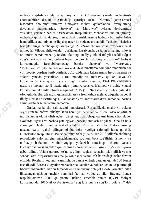 a kam daromadli oilalar, ishsizlar, o‘quvchi yoshlar hamda qayd etilgan miqdorda daromad oluvchi kishilar turli xil yo‘llar bilan himoya qilib borildi. 1992-2017-yillar mobaynida ish haqi va pensiyalarning, oliy o‘quv yurtlari talabalarining, aspirantlarining, doktorantlarining stipendiyalari miqdori bir necha bor oshirildi. pensionerlarning ijtimoiy ahvolini e'tiborga olib, eng kam pensiyaning mutlaq miqdori ish haqining eng kam miqdoridan oshiqroq bo‘lishi muttasil ta'minlanib kelindi. bu yo‘l ijtimoiy adolat tamoyillariga mos kelar edi. 1994-yilga kelib, o‘zbekistonda aholini ijtimoiy himoyalash tizimi tubdan o‘zgartirildi. ijtimoiy ko‘mak berishning mutlaqo yangi ilg‘or tizimi shakllantirildi. bu tizimning mohiyati shundan iboratki, bolalar va kam daromadli oilalar bu yordamdan bahramand bo‘luvchi asosiy kishilar bo‘lib qoldi. 1994-yilning sentabridan boshlab barcha bolali oilalar uchun yagona nafaqa joriy etildi. bunday yordam odamlarga yaqin turadigan mahalla fuqarolar yig‘inlarida amalga oshiriladigan bo‘ldi. 1996-yil dekabrda bolali oilalarga ijtimoiy yordam berilishni kuchaytirish, aholini ijtimoiy himoya qilish borasidagi chora-tadbirlarni ro‘yobga chiqarishda fuqarolarning o‘zini-o‘zi boshqarish organlarining roli va mas'uliyatini oshirish maqsadida “bolali …