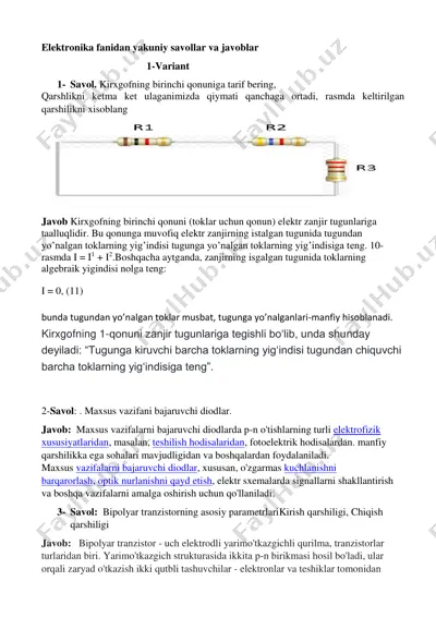 elektronika fanidan yakuniy savollar va javoblar — PDF