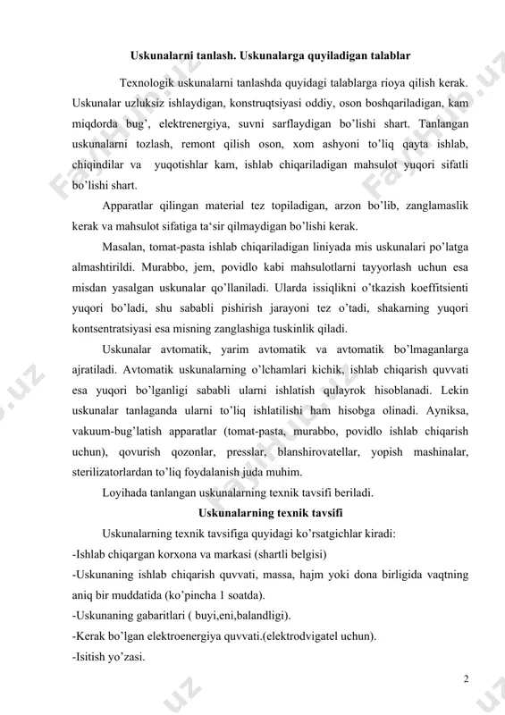 anshirovatellar, yopish mashinalar, sterilizatorlardan to’liq foydalanish juda muhim. loyihada tanlangan uskunalarning texnik tavsifi beriladi. uskunalarning texnik tavsifi uskunalarning texnik tavsifiga quyidagi ko’rsatgichlar kiradi: -ishlab chiqargan korxona va markasi (shartli belgisi) -uskunaning ishlab chiqarish quvvati, massa, hajm yoki dona birligida vaqtning aniq bir muddatida (ko’pincha 1 soatda). -uskunaning gabaritlari ( buyi,eni,balandligi). -kerak bo’lgan elektroenergiya quvvati.(elektrodvigatel uchun). -isitish yo’zasi. -mashina yoki apparatning og’irligi (massasi). texnologik uskunalar maxsus texnika adabiyotlardan va kataloglardan tanlanadi. loyihada har bir apparatning kerakli soni aniqlanadi. mashina va apparatlarning kerakli sonini aniqlash mashina va apparatlarning kerakli soni quyidagicha aniqlanadi: uzluksiz ishlaydigan uskunalar uchun: n n = −−−− q n - bir soatda tsexning ishlab chiqarish quvvati (tegishli operatsiyada). q- mashinaning bir soatda ishlab chiqarish quvvati.(q va n , birligi bir xil bo’lishi kerak). uzlukli ishlaydigan uskunalar uchun embed equation.2 (-apparat ishlash to’liq tsiklning vaqti(yuklash, qayta ishlash, tushirish), mumkin. apparatning ishchi sig’imi, m3. vertikal avtoklavlarni hisoblash 1.bitta korzinada sig’adigan bankalar …