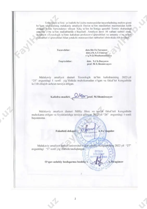 maktablaridagi ma’naviy va ma’rifiy ishlar mazmuni, rejalari, tashkiliy strukturasini o’rganish. 2.2.3. texnologik ta’limi o’qituvchilari va ishlab chiqarish ta’limi ustalarining faoliyatini o’rganish. 2.2.4. to’garak raxbarlarining faoliyati bilan tanishish. va ilmiy ishlarini yozishda foydalanish uchun materiallar to’plash. 2.2.5. maxsus fan o’qituichilarining dars jarayonida o’quvchilar faolligini oshirish borasidagi olib borayotgan uslubiy ishlari tizimini o’rganish va foydalanish uchun materiallar to’plash 2.2.6. umumiy o’rta ta’lim maktablaridagi dars jarayonlarida foydalanilayotgan yangi pedagogik texnologiyalar bilan tanishish va foydalanish uchun materiallar to’plash. 2.2.7. amaliy ishlarini bajarishda qo’llaniladigan amaliy uskuna va jihozlaridan samarali foydalanish usullarini o’rganish hamda ilmiy izlanishda foydalanish uchun materiallar to’plash. 2.2.8. mustaqil ravishda ilmiy ishlariishi mavzusi va unga turdosh mavzularda yangi pedagogik texnologiyalar asosida mashg’ulotlar o’tkazish 2.2.9. fan bo’yicha bo’sh o’zlashtiruvchi o’quvchi va talabalarga yordam berish usullarini o’rganish va ilmiy ishlarni bajarishda ularni e’tiborga olish. 2.2.10. fanga tegishli o’quv-uslubiy adabiyotlar bilan tanishish. ilmiy ishlariishining adabiyotlar sharxini yozishda foydalanish. iii. amaliyotga rahbarlik va uni tashkil qilish yuzasidan …