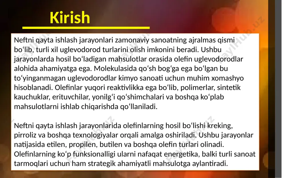 va boshqa turdagi mahsulotlarni ishlab chiqarishda xomashyo sifatida ishlatiladi. olefilarni sanoat miqyosida ishlab chiqarishning rivoji nafaqat neft-kimyo sanoati samaradorligini oshirishga, balki iqtisodiy o‘sishga ham katta hissa qo‘shadi. shuningdek, ekologik jihatlarni hisobga olgan holda, yangi texnologiyalarni joriy etish va ishlab chiqarishni optimallashtirish dolzarb masalalardan biri bo‘lib qolmoqda. adabiyotlar 1. гельд п. а., гречанюк в. м. нефть и газ в химической промышленности. москва: химия, 2015. 2. нортон дж. переработка нефти и газа. санкт-петербург: питер, 2018. 3. shiryaev v. v. petrochemical processes and products. springer, 2019. 4. smith j. m. chemical engineering and olefins. wiley, 2021. 5. қодиров ш.х. нефть-кимё саноатининг замонавий усуллари. тошкент: университет нашри, 2020. e’tiboringiz uchun raxmat image1.jpeg image2.png image3.jpeg image4.jpeg image5.jpeg image6.jpeg image7.jpeg image8.jpeg image9.jpeg image10.png /docprops/thumbnail.jpeg