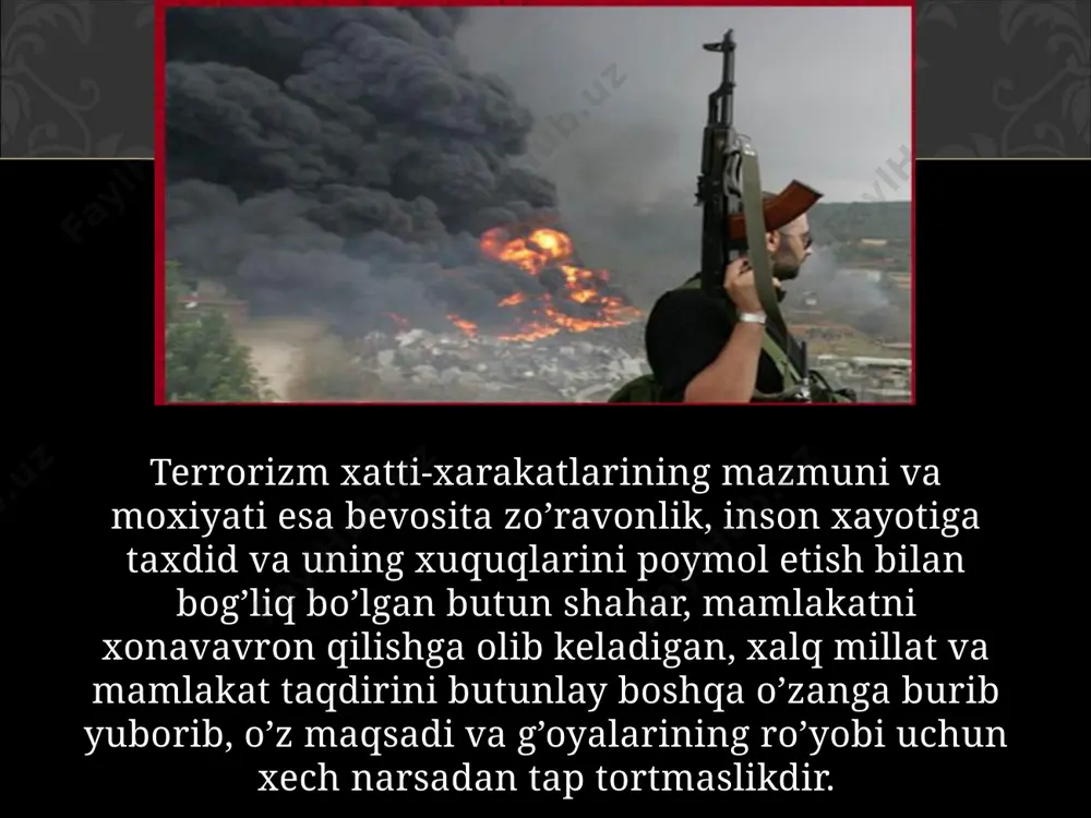 y ta’minlash darkor? taraqqiyot yo‘lidan sobitqadam rivojlanishga nimalar hisobiga erishish mumkin? xavfsizlik, barqarorlik va tanlangan yo‘ldan og‘ishmaslik degan ana shu oddiy so‘zlar zamirida chuqur ma’no-mazmun bor. biz buni bilib olmog‘imiz va anglab etmog‘imiz zarur. mafkuraviy tahdidni oshkora va yopiq xarakteri. insoniyat tarixida ezgulik va bunyodkorlik g‘oyalari bilan yovuzlik va buzg‘unchilik g‘oyalari o‘rtasida hamisha kurash bo‘lganligi tarixdan ma’lum. yovuzlik g‘oyalari tarixda hamisha salbiy va yovuz kuchlar faoliyati hamda hukumronligini ifodalaydi. salbiy yurishlarga turtki bo‘lgan g‘oyalarga, irqchilik, fashzm, terrorizm, mustamlakachilikni targ‘ib qiluvchi g‘oyalar misol bo‘ladi. insoniyatning, jumladan, o‘zbekistonning bir necha yuz yillik tarixida ham turli bosqinchiliklaroqibatida zulm, zo‘ravonlik, kulfat urug‘larini sochish va qon to‘kilishiga sabab bo‘lgan buzg‘unchi g‘oyalar va mafkuralarning halokatli ta’siri bilan bog‘liq voqealar ko‘p bo‘lgan. bu g‘oyalar o‘zlarida mustabidlik intilishlarini goh yashirin, goh oshkora, ifodalangan holda amalga oshgan. “men ko‘hna bir haqiqatni yana eslatmoqchiman: tabiatda bo‘shliq bo‘lmaganidek, insonning ongu tafakkurida ham bo‘shliq vujudga kelishiga aslo yo‘l qo‘yib bo‘lmaydi. har bir …