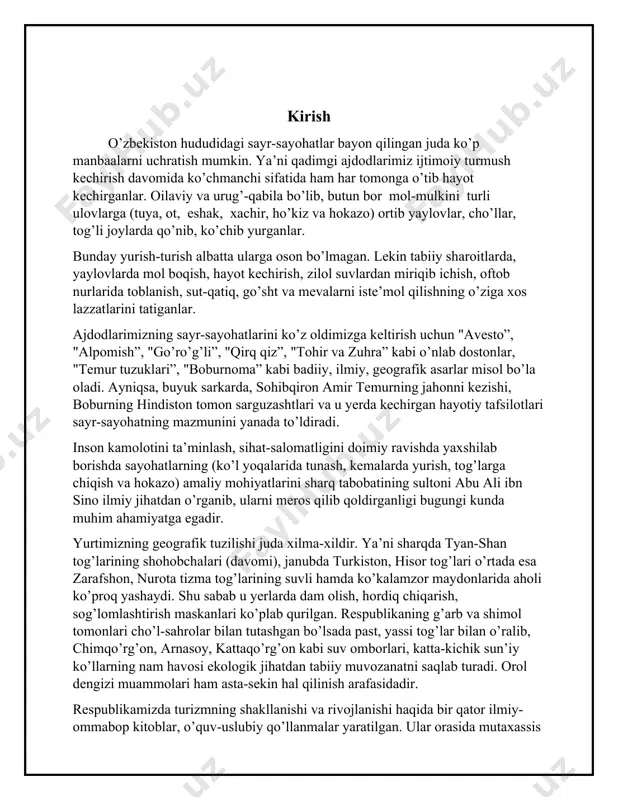 at ko’rsatish borasida yuqori tajribalarga erishildi. mahalliy sharoitda o’quvchi-yoshlar va talabalarning sayr-sayohatlarini uyushtirish ham yuqori saviyada amalga oshirildi. ayniqsa, yoshlarni markaziy shaharlardagi (samarqand, buxoro, xiva va hakazo) tarixiy-madaniy joylar bilan tanishtirishda katta faoliyat ko’rsatildi. turizm ishlari asosan jamoatchilik asosida boshqarilmoqda. ya’ni yirik shaharlar va viloyat markazlarida tashkil etilgan turistik klublar, seksiyalar turizm harakatining asosini tashkil etdi. ilg’or tajriba va imkoniyatlarga ega bo’lgan ishlab chiqarish korxonalari, oliy va o’rta maxsus ta’lim muassasalari hamda ba’zi bir umumta’lim maktablarda turistik klub (seksiya) tashkil etilgan. ularning faoliyatida ommaviy piyoda yurish sayohati va turizm bo’yicha musobaqalar (slyot) tashkil etish, viloyat hamda respublika musobaqalarida ishtirok etish ustuvor turar edi. bunday jamoalarda turistik faollarni (aktiv) tayyorlashga ham alohida e’tibor berilgan. respublika turizmining rivojlanish tarixida samarqand sayohatchi-tashkilotchilarining o’ziga xos xususiyatlari mavjud. bu to’g’rida r.abdumalikov va t.x.xoldarovlarning ba’zi bir ma’lumotlari bilan tanishish maqadga muvofiqdir. samarqand eng qadimiy shahar sifatida tarixiy obidalarga boy bo’lishi bilan jahonga mashhurdir. shu sababdan bu …