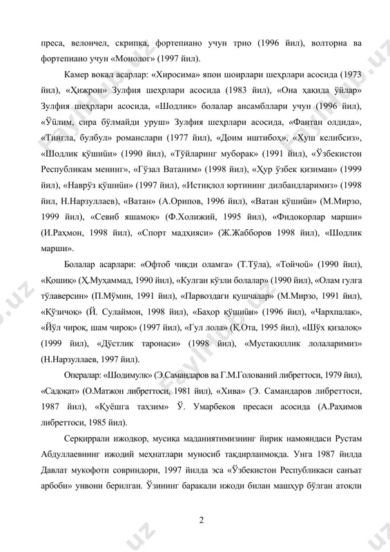 ансамбллари учун (1996 йил), «ўüлим, сира бўлмайди уруш» зулфия шеҳрлари асосида, «фантан олдида», «тингла, булбул» романслари (1977 йил), «доим иштибоҳ», «хуш келибсиз», «шодлик қўшиüи» (1990 йил), «тўйларинг муборак» (1991 йил), «ўзбекистон республикам менинг», «гўзал ватаним» (1998 йил), «ҳур ўзбек қизиман» (1999 йил), «наврўз қўшиüи» (1997 йил), «истиқлол юртининг дилбандларимиз» (1998 йил, н.нарзуллаев), «ватан» (а.орипов, 1996 йил), «ватан қўшиüи» (м.мирзо, 1999 йил), «севиб яшамоқ» (ф.холи​жий, 1995 йил), «фидокорлар марши» (и.раҳмон, 1998 йил), «спорт мадҳияси» (ж.жабборов 1998 йил), «шодлик марши». болалар асарлари: «офтоб чиқди оламга» (т.тўла), «той​чоü» (1990 йил), «қошиқ» (ҳ.муҳаммад, 1990 йил), «кулган кўзли болалар» (1990 йил), «олам гулга тўлаверсин» (п.мўмин, 1991 йил), «парвоздаги қушчалар» (м.мирзо, 1991 йил), «қўзи​чоқ» (й. сулаймон, 1998 йил), «баҳор қўшиüи» (1996 йил), «чархпалак», «йўл чироқ, шам чироқ» (1997 йил), «гул лола» (қ.ота, 1995 йил), «шўх қизалоқ» (1999 йил), «дўстлик таронаси» (1998 йил), «мустақиллик лолаларимиз» (н.нарзуллаев, 1997 йил). опералар: «шодимулк» (э.самандаров ва г.м.голо​ва​ний либреттоси, 1979 йил), «садоқат» …
