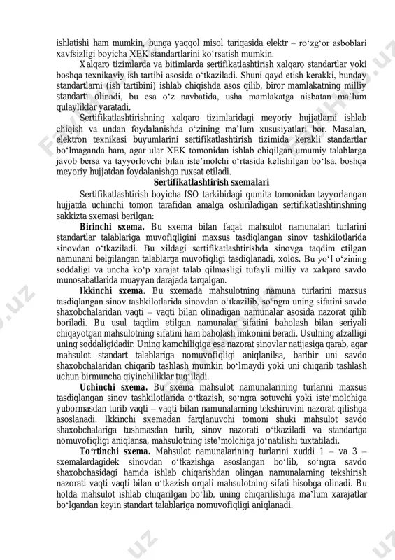 ‘z – o‘zini sertifikatlashtirish yo‘li bilan. ko‘pgina mamlakatlarda, jumladan respublikamizda ham majburiy sertifikatlashtirish uchun mahsulot turlarining royxati tuzilmoqda va bu to‘g‘rida qonunlar chiqazilib rasmiylashtirilmoqda. respublikamizda esa vazirliklar, mahkamalar tomonidan o‘zstandart agentligi bilan kelishilgan holda taqdim etilgan, majburiy sertifikatlashtirish uchun mahsulot turlarining ro‘yxati tuziladi va u davlat tomonidan rasmiylashtiriladi. qabul qilingan qarorga ko‘ra, 1995 yili 1 yanvaridan boshlab asosiy iste‘mol mahsulotlari majburiy sertifikatlashtirilishi lozim. bu royxatga quyidagilar kiritilgan: – mamlakat ichida va tashqaridan keltiruvchi mahsulot mamlakat ichidagi meyoriy hujjatlarga va xalqaro standartlarga muvofiqligini aniqlash uchun (agar usha davlat xalqaro sertifikatlashtirish tizimiga kirgan bo‘lsa) ichki bozorga tushishdan oldin sertifikatlashtirilishi lozim; – chetga chiqariluvchi mahsulot, yuborishdan oldin xalqaro tizim talablariga muvofiqligi sertifikatlashtiriladi yoki chet eldan mol oluvchining milliy tizimi yoki kelishuvda (bitimda) qayd etilgan talablar asosida sertifikatlashtiriladi. mahsulotlarni sertifikatlashtirish “uzstandart” agentligi o‘rnatgan muddatda amalga oshiriladi (quyida berilgan jadvalga qarang). oziq- ovqat va qishloq ho‘jalik mahsulotlari 1 kundan 5 kungacha yengil sanoat mahsulotlari 5-10 …
