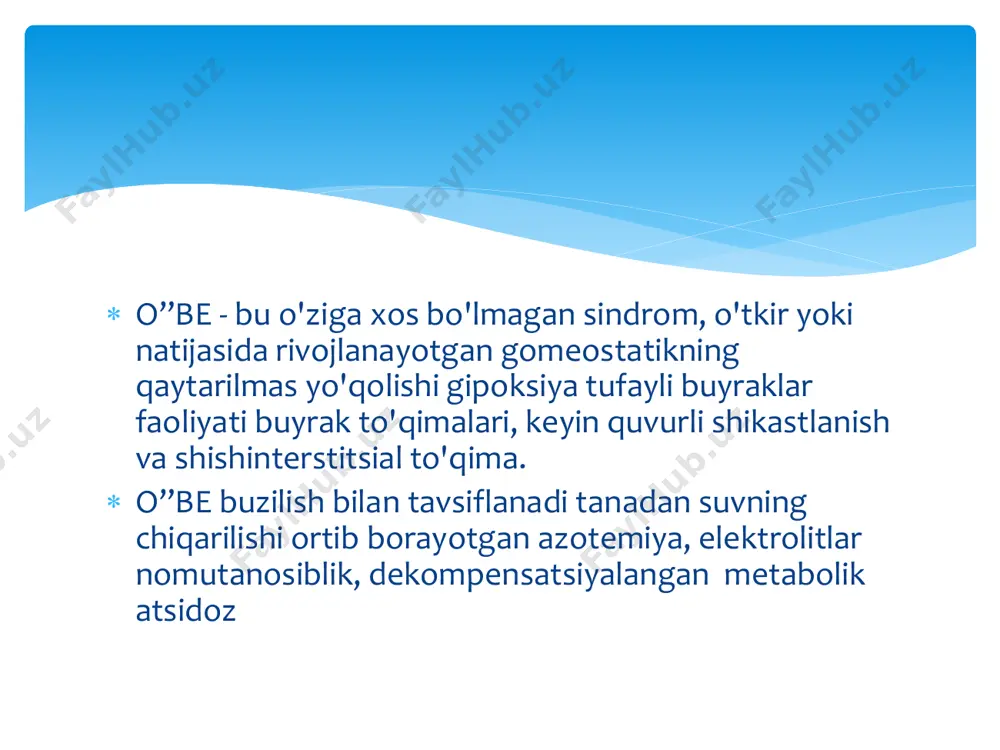 otenziya: septitsemiya. dvs-sindrom, serdechnaya nedostatochnost't  □ gipoksiya : pnevmoniya, perezhatiye aorty, dykhatel'naya nedostatochnost'  prerenal  □ gipovolemiya: qon yo'qotish, ekssikoz, kuyish kasalligi, tuzlarning yo'qolishi bilan kechadigan buyrak usti etishmovchiligi, gepatorenal s-m.  □ gipotenziya: septitsemiya. dic, yurak etishmovchiligi  □ gipoksiya: pnevmoniya, aortani qisish, nafas olish etishmovchiligi o'tkir buyrak etishmovchiligining sabablari  prerenal  omillar  buyrak omillari  glomerulyar  quvurli  interstitsial  postrenal  omillar  □ buyrak gipoperfuziyasi  □ gipovolemiya  □ arterial yurak etishmovchiligi  □ tromboemboliya  □ gemolitik uremik sindrom  □ o'tkir glomerulonefrit  □ o'tkir quvurli nekroz  □ o'tkir interstitsial nefrit  obstruktiv uropa pielonefrit o'tkir buyrak etishmovchiligining patogenezi o”be bosqichining patogenezi  satdiya - boshlang'ich (6-24 soat)  asosiy kasallikning klinikasi va diurezning kamayishi  2-bosqich - oligoanurik (bir necha kun - 3 hafta)  oligoanuriya, azotemiya, charchoq, ccc shikastlanishi, interstitsial o'pka shishi, anoreksiya, jigar kengayishi, …