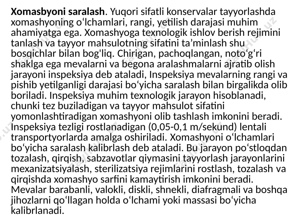ga yoqimsiz ta’m va hid beruvchi moddalarni bartaraf etishdan iborat. blanshirlash mahsulotga xos rangni saqlab qolish, uning konsistensiyasi va ta’mini yaxshilash imkonini beradi. sterilizatsiyalash. oziq-ovqat mahsulotlarini buzilmasdan uzoq muddat saqlash uchun barcha mikroorganizmlar hayot faoliyatini to'xtatish bilan bog'liq ishlov berish kerak.sterilizatsiyalash samarasiga, odatda, ishlov berishning qattiq rejimlarida erishiladi, lekin bunda mahsulotning rangi, ta’mi, hidi o‘zgarib, uning oziqaviylik qiymati pasayadi.shuning uchun ham sterilizatsiya rejimini tanlash uchun nafaqat bu jarayonni amalga oshirish, balki konservalanadigan mahsulot sifatini saqlab qolishga ham alohida e’tibor berish lozim image1.jpeg image2.jpeg image3.jpeg image4.jpeg image5.jpeg image6.jpeg image7.jpeg image8.jpeg image9.jpeg image10.jpeg image11.jpeg image12.jpeg image13.jpeg