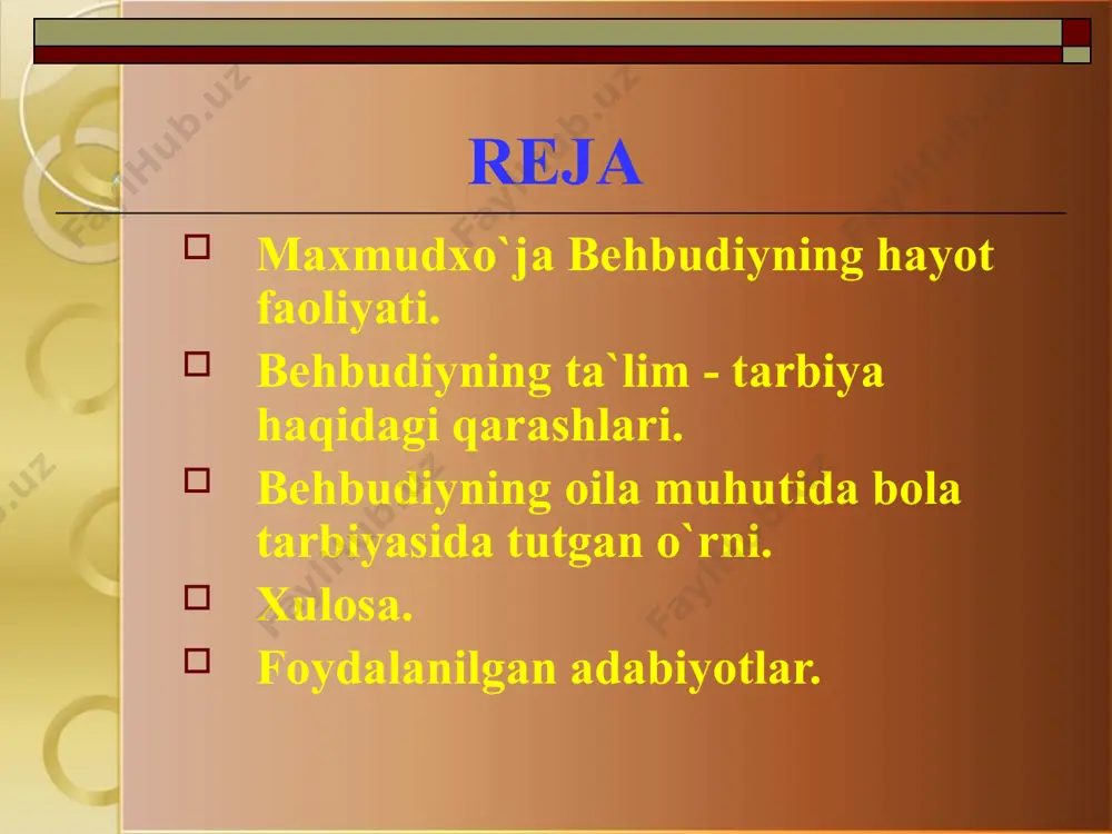 i, ma'rifatli kishi bo`lib ilm-fanga ihlos bilan qaragan. oiladagi muhit undagi ma'rifat, adabiyot va ijtimoiy hayotga bo`lgan qiziqishning kuchayishiga imkon tug`dirdi. behbudiyning otasi islom huquqshunosligi bo`yicha yirik mutaxassis bo`lib, bu borada ko`plab kitob va risolalar yaratgan edi. bu, o`z navbatida, mahmudxo`jaga ta'sir o`tkazmay qolmadi. u keyinchalik bu haqda so`zlab, maqolalaridan birida otasi yozgan "hidoya", "islom huquqiga sharhlar" asarining o`z taqdirida katta rol' o`ynaganini alohida qayd etgan. maxmudxo`ja 6-7 yoshlarga yetganda ziyoli tog`alari- muhammad siddiq va mulla odil yordamida xat savod chiqardi. eng muhimi , bugungi yoshlarimiz o`z ajdodlariga hurmat bilan qarash ruhida tarbiya olishlari, o`z ajdodlarining buyuk ishlaridan ilxomlanishlari lozim. ko`rinib turibdiki, behbudiy yirik olim, yozuvchi, jurnalist, madaniyatparvar shaxs sifatida demokratik-tamoillar doirasida ish boshlab, inqilobga umid bog`lab, sho`'ro muassasalarida ishlagan, maktab maorif ishlarini rivojlanishiga yangicha hayrat-shijoat bilan kirishgan edi. image2.jpeg image3.jpeg image4.jpeg image1.jpeg