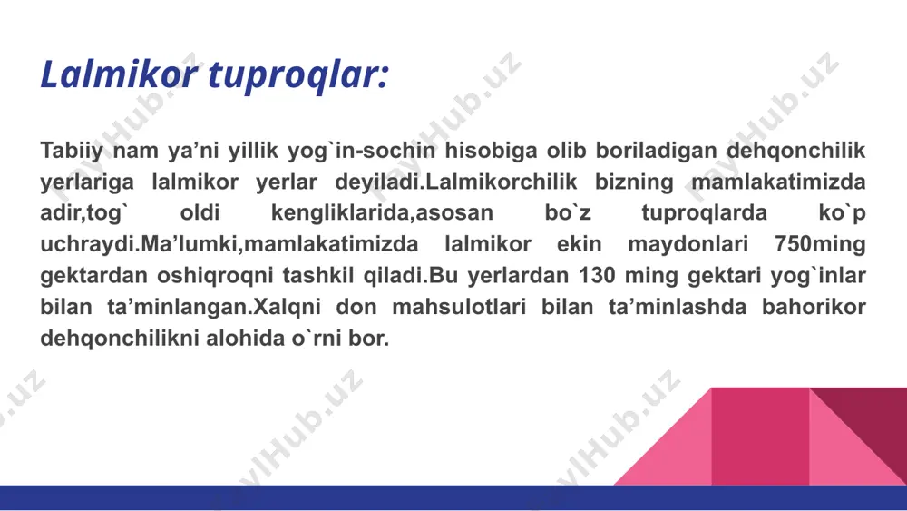 erlarda 71,7 % nam bilan chala taʼminlangan. va 12,3% kam taʼminlangan zonada joylashgan. lalmikor dexqonchilik uchun yaroqli yerlar o‘zbekistonda 3414,4 mingtgektar bo‘lib, jumldan tog‘ jigarrang tuproqlari-317,8 ming gektarni, to‘q tusli bo‘z tuproqlar-651,7, tipik bo‘z tuproqlar-1609,1, och tusli bo‘z tuproqlar-835,8 ming gektarni tashkil etadi. lalmikor maydonlar past tog‘lar va tog‘ qiyaliklaridan iborat adir yerlarda joylashganli sababli, uning ancha qismi tuproqlari suv eroziyasiga uchragan. jumladan, jigarrang va to‘q tusli bo‘z tuproqlar tarqalgan zonaning 75, tipik bo‘z tuproqlarning 48 foizi, och tusli bo‘z tuproqlar zonasi lalmikor yeolarning 36 foizi eroziyalangan. eroziyaga uchragan lalmikor yerlar asosan yaylovlar sifatida foydalaniladi. lalmikor ekinlar maydonining asosiy qismi qashqadaryo, samarqand, toshkent va jizzax viloyatlarida joylashgan. keyingi yillarda lalmikor (ayniqsa och tusli bo‘z tuproqli) yerlar qisman sug‘orilib dehqonchilik qilinayotgan yerloarga aylantirilmoqda.o‘zbeksitoninng cho‘l zonasidagi katta yer hududi yaylovlar sifatida foydalanilib kelinmoqda. uning 30 mln gektarga yaqin umumiy maydonidan 11,4 mln gektari sur qo‘ng‘ir tusl tuproqlarga, 13 mln gektaridan ko‘prog‘i qumlar …