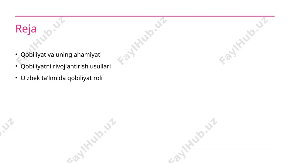 arni rivojlantirishda innovatsion metodlar, masalan, muammoga asoslangan ta'lim va loyihalash o'rganish jarayonini samarali qiladi. 2 texnologiya roli ta'lim jarayonida zamonaviy texnologiyalar, onlayn platformalar va ilovalar qobiliyatlarni rivojlantirishda o'zaro ta'sirni kuchaytiradi. 3 shaxsiylashtirilgan ta'lim shaxsiylashtirilgan ta'lim yondashuvi o'quvchilarning individual qobiliyatlarini hisobga olib, har bir talabaga mos ta'limni taqdim etadi. 4 jamiyat va hamkorlik jamiyatdagi hamkorlik orqali qobiliyatlarni rivojlantirish, o'quvchilarning ko'nikmalarini oshirishda muhim ahamiyatga ega bo'ladi. o'zbek ta'limida qobiliyatlarni aniqlash va baholash usullari. 1 qobiliyatlarni aniqlash o'zbek ta'limida qobiliyatlarni aniqlash jarayoni o'quvchilarning individual xususiyatlarini va potentsialini baholash orqali amalga oshiriladi. 2 baholash metodlari ta'lim tizimida baholash metodlari sifatida testlar, intervyular va amaliy ishlar qo'llaniladi, bu esa qobiliyatlarni aniqlashda muhim rol o'ynaydi. 3 innovatsion yondashuvlar qobiliyatlarni aniqlashda innovatsion yondashuvlar, masalan, raqamli platformalar va interaktiv o'quv vositalari, o'quvchilarning qobiliyatlarini samarali baholashga yordam beradi. 4 o'qituvchi roli o'qituvchilar qobiliyatlarni aniqlashda asosiy rol o'ynaydi, ular o'quvchilarning qobiliyatlarini tushunish va rivojlantirish uchun individual yondashuvlarni qo'llaydilar. amaliy mashg'ulotlar …