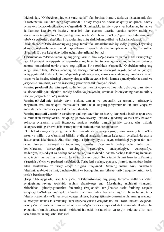 tuzumining so‘nggi o‘n yilligidan boshlab chuqur inqiroz pallasiga kirganligi, xususan, respublikalarning milliy, iqtisodiy, ijtimoiy manfaatlariga e'tiborsizlik bilan xarakterlanadi. o‘zbekiston tarixidagi ushbu murakkab davrda siyosiy sahnada yangi shakllangan lider - islom abdug‘anievich karimov paydo bo‘ldi. uning oqilona siyosati tufayli respublikaning manfaatlari himoya qilindi, mamlakatni siyosiy va iqtisodiy inqirozdan, ichki va tashqi mojarolardan qutqarish mumkin bo‘ldi. i.a.karimov davlat rahbari sifatida faoliyat boshlagan kundan boshlab, milliy mustaqillik g‘oyasini ilgari surdi va nihoyat,1991 yil avgust oyida o‘zbekiston respublikasining davlat mustaqilligi e'lon qilindi. suveren davlat sifatida o‘zbekistonning eng yangi tarixi butun insoniyat tarixiy taraqqiyotining yangi bosqichiga to‘g‘ri keladi va shuning uchun ham u zamonamizning global voqealari bilan chambarchas bog‘liq bo‘lgan eng yangi tarixning ajralmas qismiga aylandi. tarixdan ma'lumki, ko‘plab xalqlarning mustaqillikka erishishi, ularning nafaqat yangi shakllangan davlatlari tarkibini, balki xalqaro maqomini ham o‘zgartirgan va bu "yaqin tarix" tushunchasini belgilashda muhim omillardan biri bo‘lgan. bu o‘rinda yangi va zamonaviy zamon o‘rtasidagi tarixiy davrni bir voqea sodir …