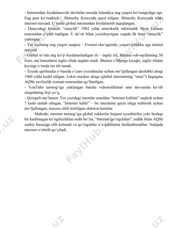 , fan va innovatsiyalar vazirligi muhammad alxorazmiy nomidagi toshkent axborot texnologiyalari universiteti “tasdiqlayman” o‘zbek va rus tillari kafedrasi mudiri s.x.abdullayeva akademik yozuv fanidan yakuniy nazorat savollari 1. kompyuter dasturlari va o‘yinlariga ilmiy taqriz yozing. 2. “savol-javob” turi bo‘yicha konspekt yozing. 3. bbb texnologiyasi bo‘yicha jadval tuzib to‘ldiring. modemlar modem (modulyator-demodulyator) — aniq bir aloqa kanalida ishlatish uchun qabul qilingan signallarni to‘g‘ri (modulyator) va teskari (demodulyator) o‘zgartirish qurilmasidir. еng avvalo modem quyidagi vazifalarni bajarish uchun mo‘ljallangan: • uzatishda: keng polosali impulslarni (raqamli kodni) tor polosaliga (analog signallarga) o‘zgartirish; • qabul qilishda: qabul qilingan signalni holaqitlardan filtrlash va detektorlash uchun, ya’ni tor polosali analogli signalni raqamli kodga teskari o‘zgartirish. ma’lumotlarni uzatishda bajariladigan o‘zgartirish odatda ularning modulyatsiyasi bilan bog‘langan. modulyatsiya — bu signalning biror parametrini aloqa kanalida (modulyatsiya qilinadigan signalni) uzatilayotgan ma’lumotlarning joriy qiymatlariga mos ravishda (modulyatsiya qiladigan signalni) o‘zgartirishdir. demodulyatciya — bu modulyatsiya qilingan signalni (balki aloqa kanalidan o‘tish paytida halaqitlar bilan …