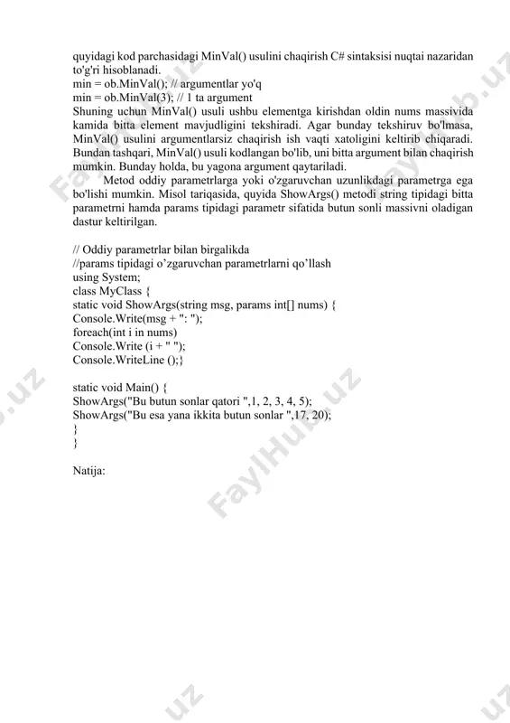 + " "); console.writeline ();} static void main() { showargs("bu butun sonlar qatori ",1, 2, 3, 4, 5); showargs("bu esa yana ikkita butun sonlar ",17, 20); } } natija: metod muntazam parametrlarga, shuningdek, params turidagi parametrlarning o'zgaruvchan uzunlikdagi parametriga ega bo'lgan hollarda, u ushbu metod uchun parametrlar ro'yxatida oxirgi ko'rsatilishi kerak. lekin har qanday holatda, params tipidagi parametr yagona bo'lishi kerak. metoddan massivni qaytarish c# da massivlar obyekt sifatida qaraladi, ya'ni metod ham massivni qaytarishi mumkin. misol tariqasida quyida findfactors() usuli unga uzatilgan argument bo’luvchilarini o'z ichiga olgan massivni qaytaradigan dastur keltirilgan. // metoddan massivni qaytarish. using system; class factor { /* metod num argumentining ko'paytuvchilaridan iborat bo'lgan facts massivini qaytaradi. metod natijasi, out turidagi numfactors parametri aniqlangan ko'paytuvchilar sonini o'z ichiga oladi. */ static int[] findfactors(int num, out int numfactors) { int[] facts = new int[80]; int i, j; // ko'paytuvchilarni topish va ularni facts massiviga o'tkazish. for(i=2, j=0; …