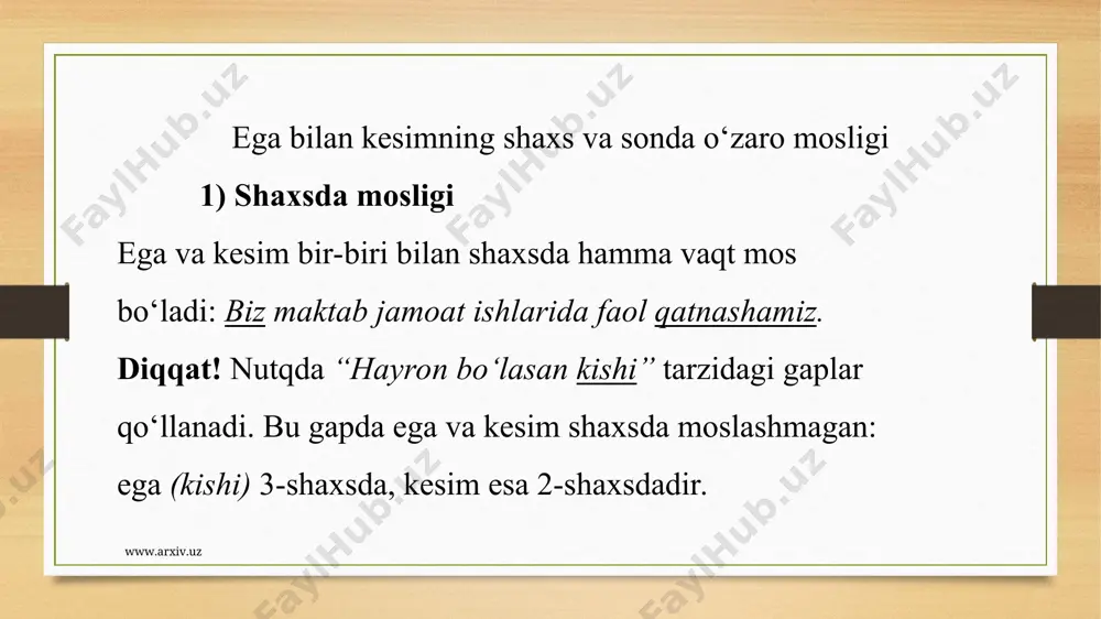 qala boshladi. b) sifatdosh va to’liqsiz fe’ldan iborat bo’ladi: mashg’ulot haftada bir marta o’tadigan bo’ldi. 2.ot-kesim ot, sifat, son, olmosh, ravish, harakat nomi, modal so’z bilan ifodalanadi.ot va otlashgan so’zlar bosh, jo’nalish, o’rin-payt va chiqish kelishigi shaklida bo’lishi mumkin. ot-kesim tuzlishiga ko’ra ikki xil: www.arxiv.uz www.arxiv.uz 1)sodda ot-kesim bir so’z bilan ifodalanadi: uyat o’limdan qattiq. 2)murakkab ot-kesim quyidagicha tuziladi: a) ot, sifat, son, olmosh, ravish hamda bo’lmoq fe’li yoki to’liqsiz fe’ldan iborat bo’ladi: mehnat qancha qiyin bo’lsa, noni shuncha shirin bo’ladi. b) yo’q, bor, oz, ko’p, zarur, lozim, kerak kabi so’zlar hamda bo’lmoq fe’li yoki to’liqsiz fe’ldan iborat bo’ladi: uzoqda ko’ringan sharpa bir zumda yo’q bo’ldi. v) harakat nomi hamda kerak, lozim kabi so’zlardan iborat bo’ladi: choyxona yangi solingan qishgi binoga ko’chib kirishi va bayramda ochilishi kerak edi. www.arxiv.uz www.arxiv.uz foydalanilgan adabiyotlar ro`yhati: a.hamroyev “ona tili” o`quv qo`llanma m.asqarova “xozirgi o`zbek adabiy tili” “til va adabiyot” jurnali n.erkaboyeva “ona tili” …