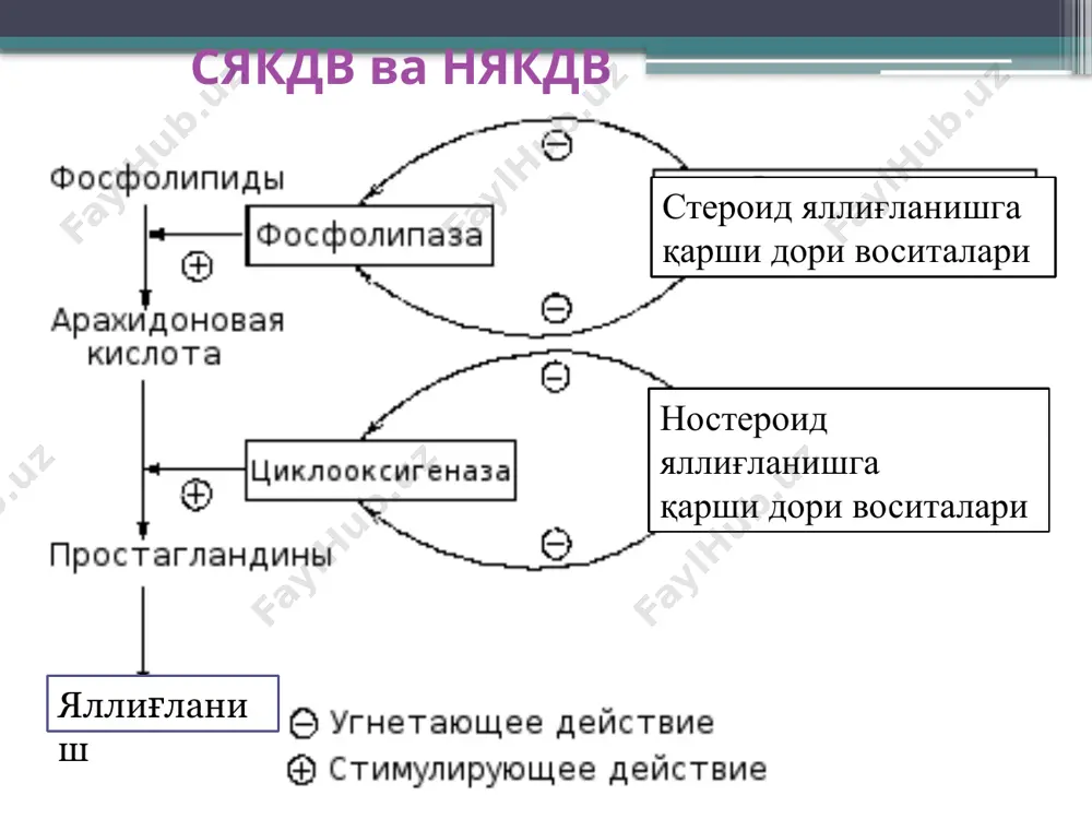 изни (7 дней). антиагрегацион самара бошқа няқдв кучсиз ва қайтар жараён 400 mg/240 mg таблетки шипучие № 10 100 мг №20 селектив цог-2 ингибиторлари тромбоцитлар агрегациясига таъсир этмайди няқдв турли самаралари бир хил вақтда ривожланмайди: антипиретик ва аналгетик таъсири 0,5- 2 соатдан сўнг, яллиғланишга қарши таъсири 3- 4 кундан сўнг, десенсибилизацияловчи таъсири - 3 ойдан сўнг митдан салицилатлар яхши сўрилади, тўқима тўсиқлардан яхши ўтади. сўрилган салицилатларнинг 50-55%и оқсиллар билан бирикади. салицилатлар жигарда коньюгатлар ҳосил қилиб пешоб таркибида ўзгармаган қисми билан биргаликда ажралади т1|2=10-12 соат. ноъжўя таъсирлари бронхиал астма ёки обструктив бронхит билан хасталанган беморларда салицилатлар бронхоспазм хуружларини тезлаштиради ( спазмолитик простагландинлар ва лейкотриенларнинг тормозланиши). няқдв ларни қўллашга умумий кўрсатмалар : ревматизм и ревматик касалликлар ревматоид артрит, анкилизирловчи спондилоартрит (бехтерев касаллиги), реактив и инфекцион-аллергик артрит, подагрик артрит, псориатик артрит, коллагенозларда артрит (тқв, ва бошқалар.) ревматоид артритда няқдв фақат симптоматик таъсир кўрсатади касалликни кечишига таъсир кўрсатмайди. хасталикни прогрессив ривожланишини тўхтатмайди, ремиссия чақирмайди …