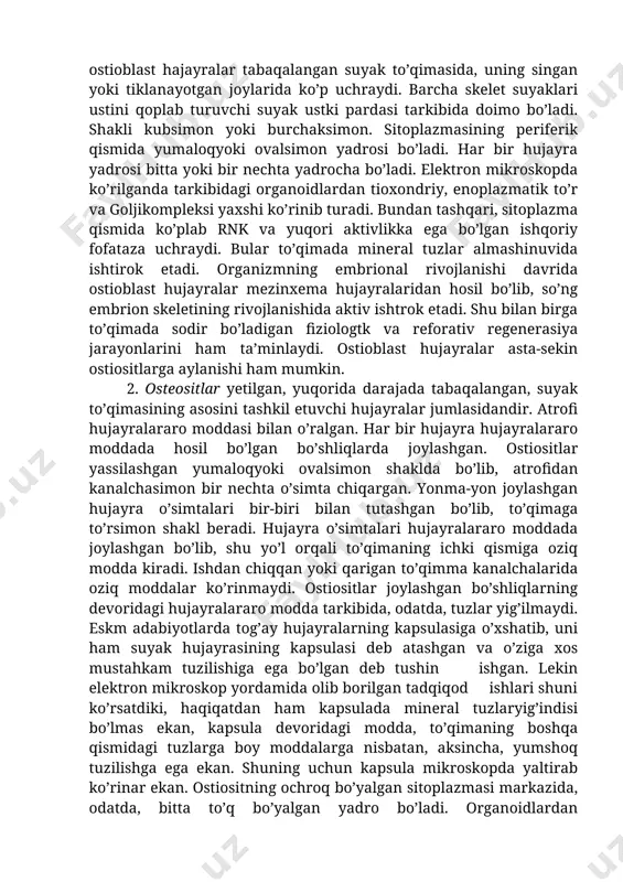 z qilib beradi. ostioblast hajayralar tabaqalangan suyak to’qimasida, uning singan yoki tiklanayotgan joylarida ko’p uchraydi. barcha skelet suyaklari ustini qoplab turuvchi suyak ustki pardasi tarkibida doimo bo’ladi. shakli kubsimon yoki burchaksimon. sitoplazmasining periferik qismida yumaloqyoki ovalsimon yadrosi bo’ladi. har bir hujayra yadrosi bitta yoki bir nechta yadrocha bo’ladi. elektron mikroskopda ko’rilganda tarkibidagi organoidlardan tioxondriy, enoplazmatik to’r va goljikompleksi yaxshi ko’rinib turadi. bundan tashqari, sitoplazma qismida ko’plab rnk va yuqori aktivlikka ega bo’lgan ishqoriy fofataza uchraydi. bular to’qimada mineral tuzlar almashinuvida ishtirok etadi. organizmning embrional rivojlanishi davrida ostioblast hujayralar mezinxema hujayralaridan hosil bo’lib, so’ng embrion skeletining rivojlanishida aktiv ishtrok etadi. shu bilan birga to’qimada sodir bo’ladigan fiziologtk va reforativ regenerasiya jarayonlarini ham ta’minlaydi. ostioblast hujayralar asta-sekin ostiositlarga aylanishi ham mumkin. 2. ostеositlar yetilgan, yuqorida darajada tabaqalangan, suyak to’qimasining asosini tashkil etuvchi hujayralar jumlasidandir. atrofi hujayralararo moddasi bilan o’ralgan. har bir hujayra hujayralararo moddada hosil bo’lgan bo’shliqlarda joylashgan. ostiositlar yassilashgan yumaloqyoki ovalsimon …