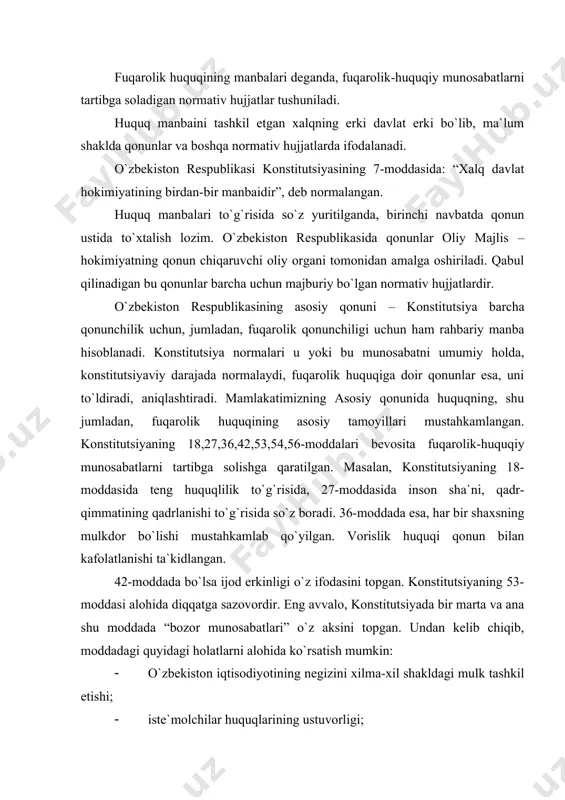 alohida diqqatga sazovordir. eng avvalo, konstitutsiyada bir marta va ana shu moddada “bozor munosabatlari” o`z aksini topgan. undan kelib chiqib, moddadagi quyidagi holatlarni alohida ko`rsatish mumkin: · o`zbekiston iqtisodiyotining negizini xilma-xil shakldagi mulk tashkil etishi; · iste`molchilar huquqlarining ustuvorligi; · iqtisodiy faoliyat, tadbirkorlik faoliyati bilan shug`ullanish va mehnat qilish erkinligi; · barcha mulk shakllarining tengligi va huquqiy jihatdan bab-baravar muhofaza etilishi; · xususiy mulkning boshqa mulk shakllari kabi daxlsizligi va davlat muhofazasida ekanligi; – mulkdor faqat qonunda nazarda tutilgan hollarda va tartibdagina mulkidan mahrum etilishi mumkinligi kabi qoidalar. bu holatlar keyinchalik mos ravishda o`zbekiston respublikasining joriy qonun va qonunosti hujjatlarida o`z aksini topdi . konstitutsiyaning 54-moddasida esa mulk huquqining mazmuni bevosita o`z ifodasini topgan. bunga asosan mulkdor o`ziga tegishli mol-mulkni o`z xohishiga ko`ra egallash, foydalanish, tasarruf qilishga haqli. ayni paytda mulkdor huquqining chegaralari ham konstitutsiyada belgilab berilgan. ya`ni, mol-mulkdan foydalanish ekologik muhitga zarar yetkazmasligi, fuqarolar, yuridik shaxslar va davlatning qonun …