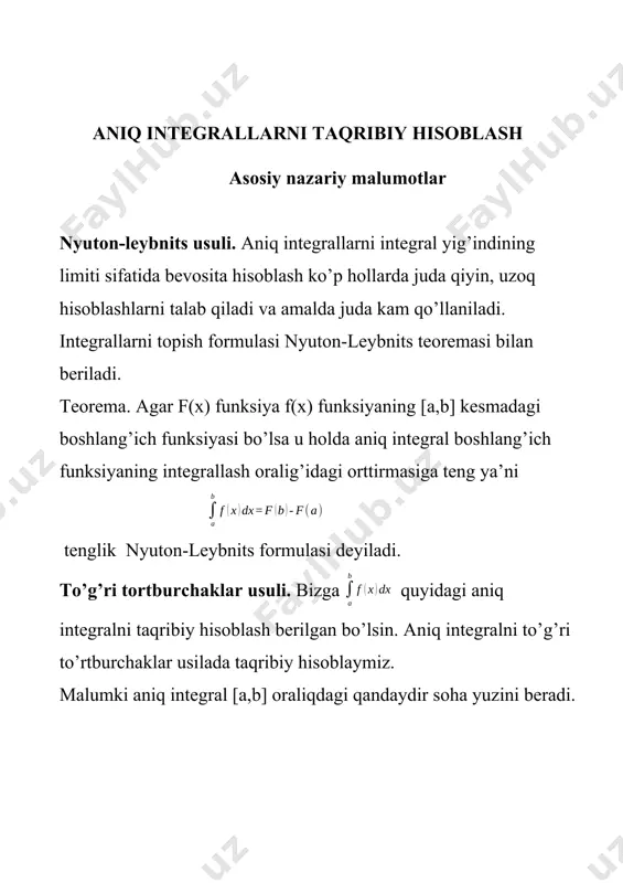 r bilan almashtirgan edik. agar biz trapetsiyalar bilan almashtirsak, aniq integralning aniqroq qiymatini hosil qilamiz. bunda ham oldin [a,b] oraliqni n ta teng bo’lakka bo’lamiz. = har bir [ oraliqda f(x) bilan chegaralangan egri chiziqli yuza asoslari f( va f( ga teng. balandligi = ga teng bo’lgan trapetsiya yuziga almashtiramiz. formulamiz quyidagi ko’rinishga keladi. = bu formulani soddalashtiramiz = keyin [a,b] oraliq 2n bo’lakka bo’linadi. bunda formula quyidagicha bo’ladi. = bu formulalar trapetsiyalar formulasi deyiladi. yechim shart bajarilganda = yechim bo’ladi. oraliqni 2n bo’lakka bo’lamiz. teng. har bir [ oraliqda f(x) bilan chegaralangan egri chiziqli yuzani ( , ( , ( nuqtalardan o’tuvchi + parabolalar bilan chegaralangan yuzaga almashtiramiz. belgilash kiritib [ oraliqdagi yuzani [ oraliqqa ko’chirish mumkin. => 0 +=f(0)=f( =>h +=f(h)=f( =>2h +=f(2h)=f( u holda = u holda bu formula simpson formulasi deyiladi. yechim shart bajarilganda = yechim bo’ladi. 1-topshiriq aniq integralni nyuton-leybnits usulida hisoblang. ni integrallaymiz = …