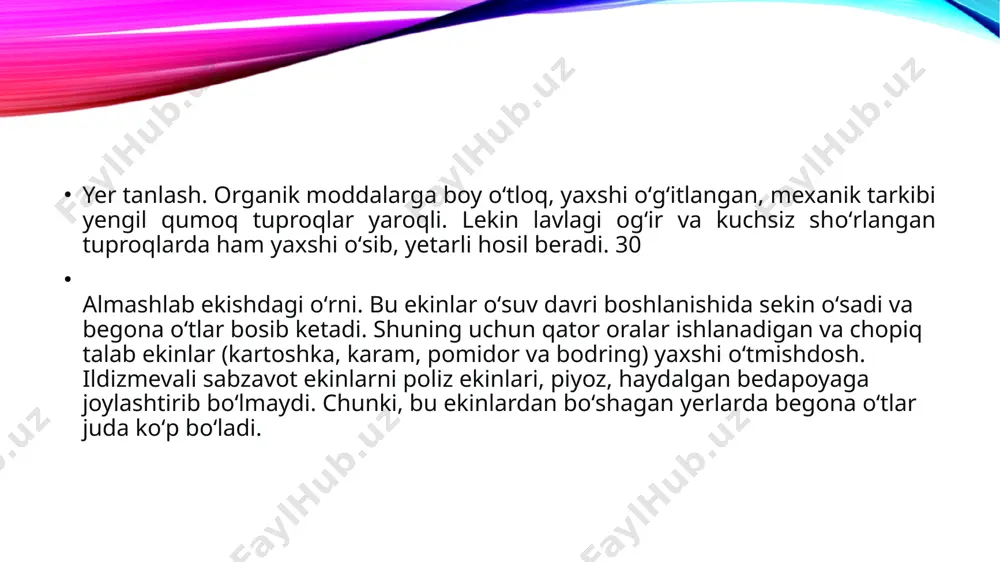 evalarga qaraganda unchalik yaxshi saqlanmaydi, shu sababli uning qatlamlari orasiga toza, nam qum solib, eni va bo‘yi 1 m bo‘lgan shtabellarga joylanadi. sabzi va boshqa ildizmevalarni yashiklarda va konteynerlarda saqlash yuklash va bo‘shatish ishlarini mexanizatsiyalashga imkon beradi. biroq, so‘nggi yillardagi tekshirishlardan ma’lum bo‘lishicha, sabzini ochiq poli¬etilen qoplarda saqlash eng yaxshi usul hisoblanadi. polietilen qoplarda saqlanganda ildizmevalarning chirishi, vaznining tabiiy kamayishi, shakar va vitamin s ning yo‘qolishi ancha kamayadi. image2.png image1.png /docprops/thumbnail.jpeg