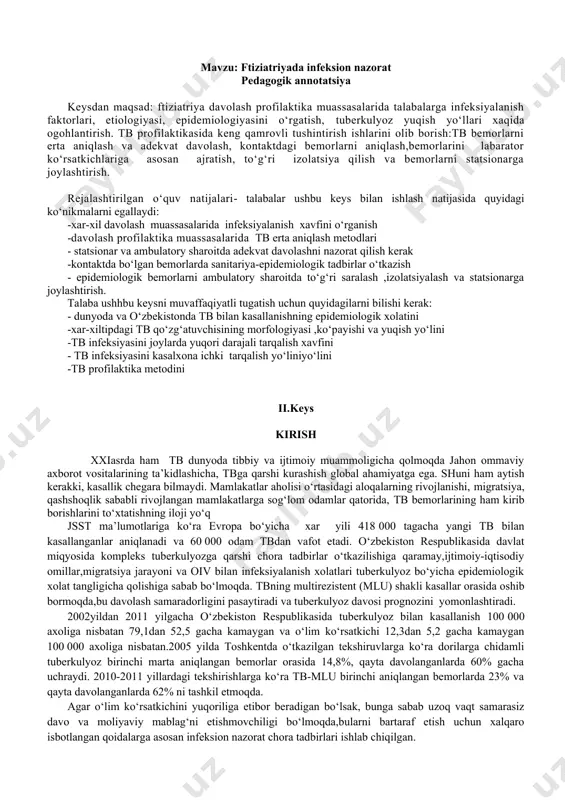 000 tagacha yangi tb bilan kasallanganlar aniqlanadi va 60 000 odam tbdan vafot etadi. o‘zbekiston respublikasida davlat miqyosida kompleks tuberkulyozga qarshi chora tadbirlar o‘tkazilishiga qaramay,ijtimoiy-iqtisodiy omillar,migratsiya jarayoni va oiv bilan infeksiyalanish xolatlari tuberkulyoz bo‘yicha epidemiologik xolat tangligicha qolishiga sabab bo‘lmoqda. tbning multirezistent (mlu) shakli kasallar orasida oshib bormoqda,bu davolash samaradorligini pasaytiradi va tuberkulyoz davosi prognozini yomonlashtiradi. 2002yildan 2011 yilgacha o‘zbekiston respublikasida tuberkulyoz bilan kasallanish 100 000 axoliga nisbatan 79,1dan 52,5 gacha kamaygan va o‘lim ko‘rsatkichi 12,3dan 5,2 gacha kamaygan 100 000 axoliga nisbatan.2005 yilda toshkentda o‘tkazilgan tekshiruvlarga ko‘ra dorilarga chidamli tuberkulyoz birinchi marta aniqlangan bemorlar orasida 14,8%, qayta davolanganlarda 60% gacha uchraydi. 2010-2011 yillardagi tekshirishlarga ko‘ra tb-mlu birinchi aniqlangan bemorlarda 23% va qayta davolanganlarda 62% ni tashkil etmoqda. agar o‘lim ko‘rsatkichini yuqoriliga etibor beradigan bo‘lsak, bunga sabab uzoq vaqt samarasiz davo va moliyaviy mablag‘ni etishmovchiligi bo‘lmoqda,bularni bartaraf etish uchun xalqaro isbotlangan qoidalarga asosan infeksion nazorat chora tadbirlari ishlab chiqilgan. xalqaro …