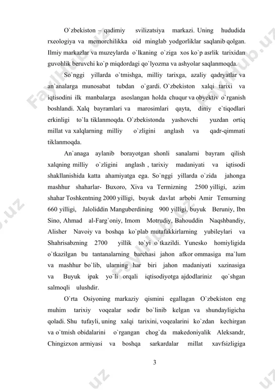 larini ko`zdan kechirgan va o`tmish obidalarini o`rgangan chog`da makedoniyalik aleksandr, chingizxon armiyasi va boshqa sarkardalar millat xavfsizligiga tajovuz qilganligiga, uning iqtisodiyoti va manfaatlariga shikast yetkazganligiga guvoh bo`lamiz. 1991 yil 31 avgustda o`zbek xalqining daxlsiz huquqi- o`z taqdirini o`zi erkin belgilash huquqi amalgam oshdi. respublika oliy kengashining navbatdan tashqari sessiyasida o`zbekiston respublikasining birinchi prezidenti i.a.karimov tomonidan o`zbekiston respublikasi mustaqilligi e`lon qilindi, u o`zbek xalqining ko`p asrlik tarixida buyuk voqea bo`ldi. o`zbekiston o`zining haqiqiy davlatchiligiga tinch, parlament yo`li bilan erishdi. mustaqilikka erishgach, o`zbekiston taraqqiyotining o`ziga xos, ajoyib yo`lini tanladi. uning mohiyati bozor munosabatlariga asoslangan erkin fuqarolik jamiyati qurish, xalqning hayot kechirishi uchun munosib shart –sharoit yaratib berishdan iborat. ozod – obod vatan, erkin va farovon hayot milliy iqtisodiy manfaatlarning pirovard asosi, oily maqsad etib belgilangan. tanlangan yo`lning asosiy mazmuni va mohiyati – bu, normal, svilizatsiyali taraqqiyotga soxta inqilobiy sakrashlar, fojiaviy oqibatlar va kuchli ijtimoiy o`zgarishlarsiz tadrijiy yo`l bilan o`tishdir. o`zbekistonning haqiqiy mustaqillikka …