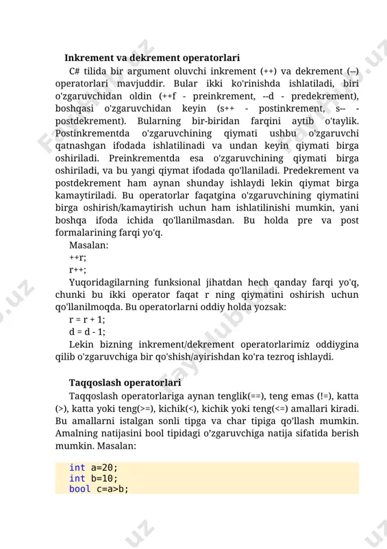 unday ma’lumotlarni ekranga chiqaradi va kursorni yanggi satrdan joylashtiradi. bu ikki funksiyani ishlatishga doir misol: 2.8-listing using system; namespace app13_for_all { internal class program { public static void main() { string s = "chiqarishni tekshirish"; int y = 2; int i = 2; console.writeline(s); // o'zgaruvchini chiqarish console.writeline(55.3); // konstantani chiqarish console.writeline(y * 3 + 7); // biror ifodani chiqarish console.write(s); // o'zgaruvchi console.write(-5.3); // konstanta console.writeline(i * 3 + 7 / i); // ifoda } } } console.write yordamida har bir ma’lumotni yangi satrdan chiqarmoqchi bo’lsak, c++ kabi usul qo’llaniladi. masalan: console.write("aaaaaa\nbbbbbbb\nccc\n"); bunda \n belgisigacha bo’lgan satrlar alohida satrdan ekranga chiqadi: aaaaaa bbbbbbb ccc � to’rayev hotam to’rayevich, o’rinboyev erkin «diskret matematika va matematik mantiq» fanidan o’quv – uslubiy majmua («5480100 - amaliy matematika va informatika» ta’lim yo’nalishi bakalavr talabalari uchun). o’quv-uslubiy majmua. – samarqand: samdu nashri, 2010. – *** bet � to’rayev hotam to’rayevich, o’rinboyev erkin «diskret matematika …