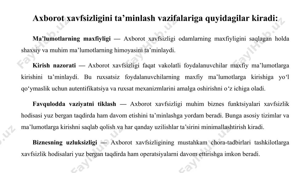 hdidlar manzarasini tushunish keng qamrovli xavfsizlik choralarini ishlab chiqish uchun juda muhimdir. ta’sir: agar zaiflikdan muvaffaqiyatli foydalanilgan boʻlsa, yuzaga kelishi mumkin boʻlgan potentsial oqibatlar riskning ta’sirini ifodalaydi. bu maxfiy ma’lumotlarning yoʻqolishiga, moliyaviy zararga, obroʻga putur yetkazilishiga, yuridik javobgarlikka va muhim operatsiyalarning uzilishiga olib kelishi mumkin. risk haqida tushuncha va uning axborot xavfsizligidagi roli risk koʻp qirrali tabiati bir nechta asosiy komponentlar bilan tavsiflanadi: xatarlarni baholash: zaifliklarni, tahdidlarni, potentsial ta’sirlarni va muayyan tizim yoki jarayon bilan bogʻliq umumiy riskni baholash ehtimolini tizimli baholashni oʻz ichiga oladi. xavflarni baholash xavfsizlik choralariga ustuvor ahamiyat berish va resurslarni samarali taqsimlashga yordam beradi. risklarni boshqarish: xatarlar aniqlangan va baholangandan soʻng, tashkilotning risk ishtahasi va potentsial ta’siridan kelib chiqqan holda riskni kamaytirish, uzatish yoki qabul qilish strategiyalari ishlab chiqiladi. risklarni boshqarish xavfsizlik nazoratini baholash, amalga oshirish, monitoring qilish va takomillashtirishning uzluksiz tsiklini oʻz ichiga oladi. xatarli aloqa: aniqlangan xavf-xatarlar, ularning potentsial ta’siri va ularni bartaraf etish …
